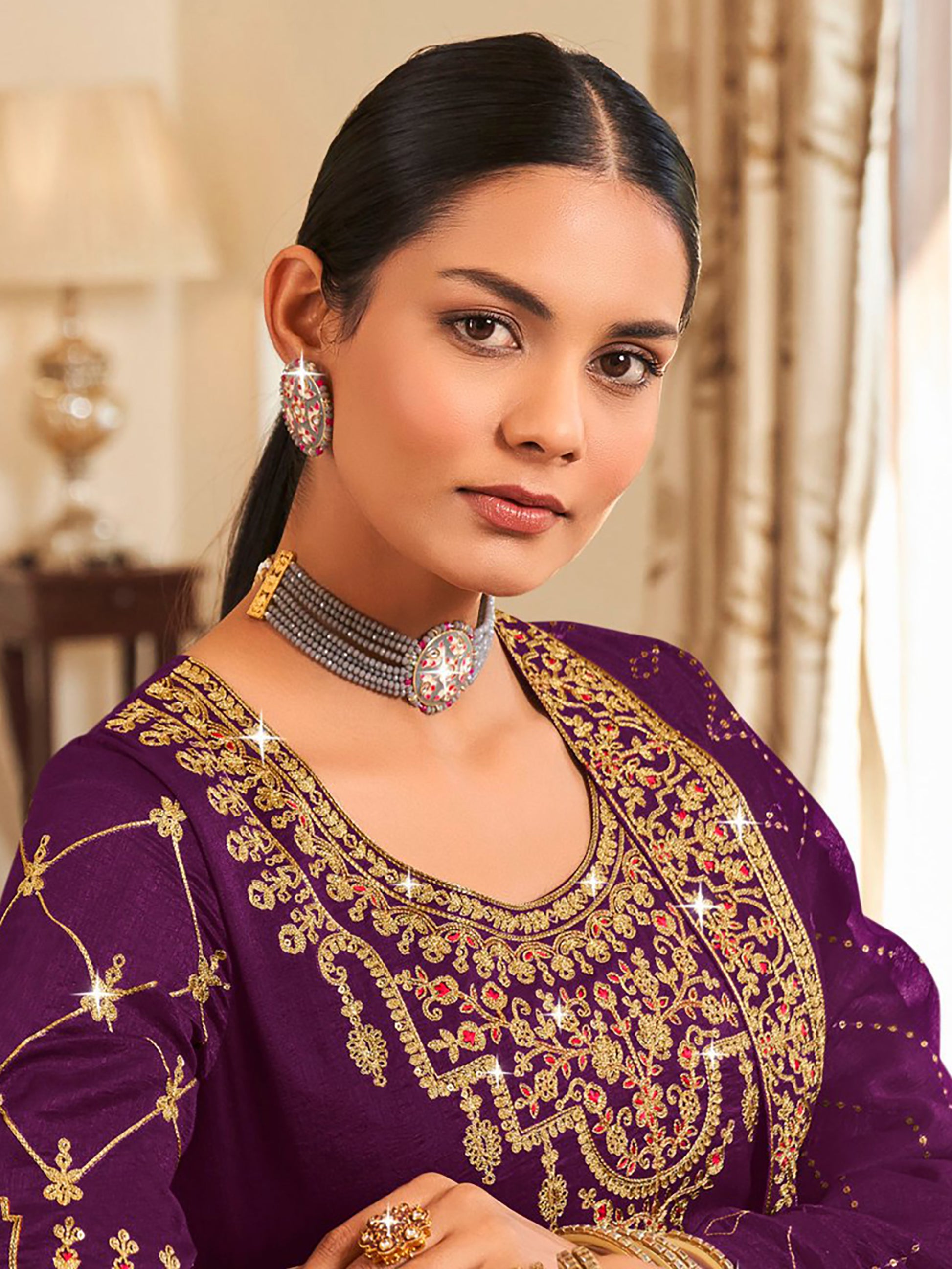 Gorgeous Purple Embroidered Vichitra Festival Wear Salwar Suit