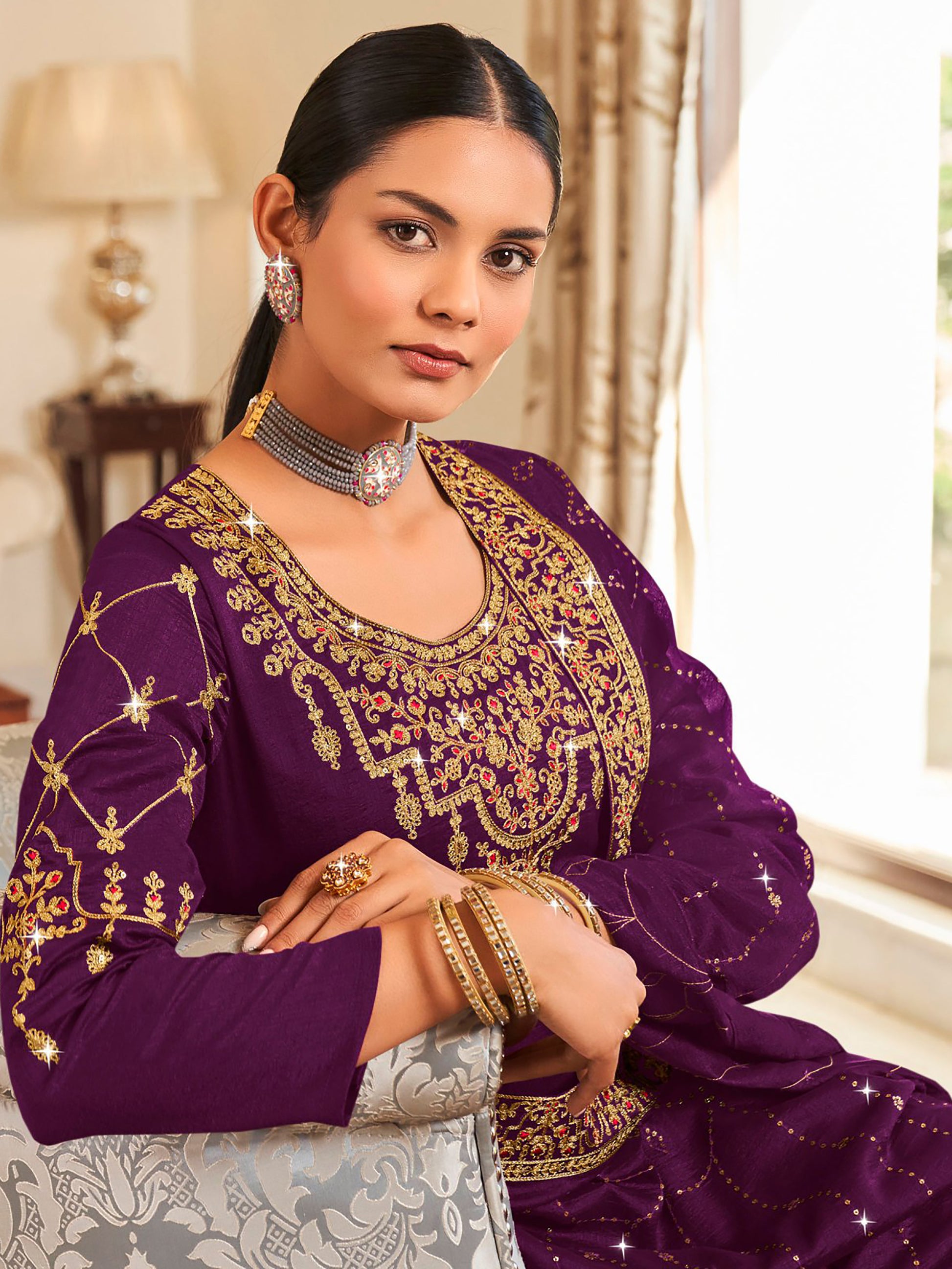 Gorgeous Purple Embroidered Vichitra Festival Wear Salwar Suit