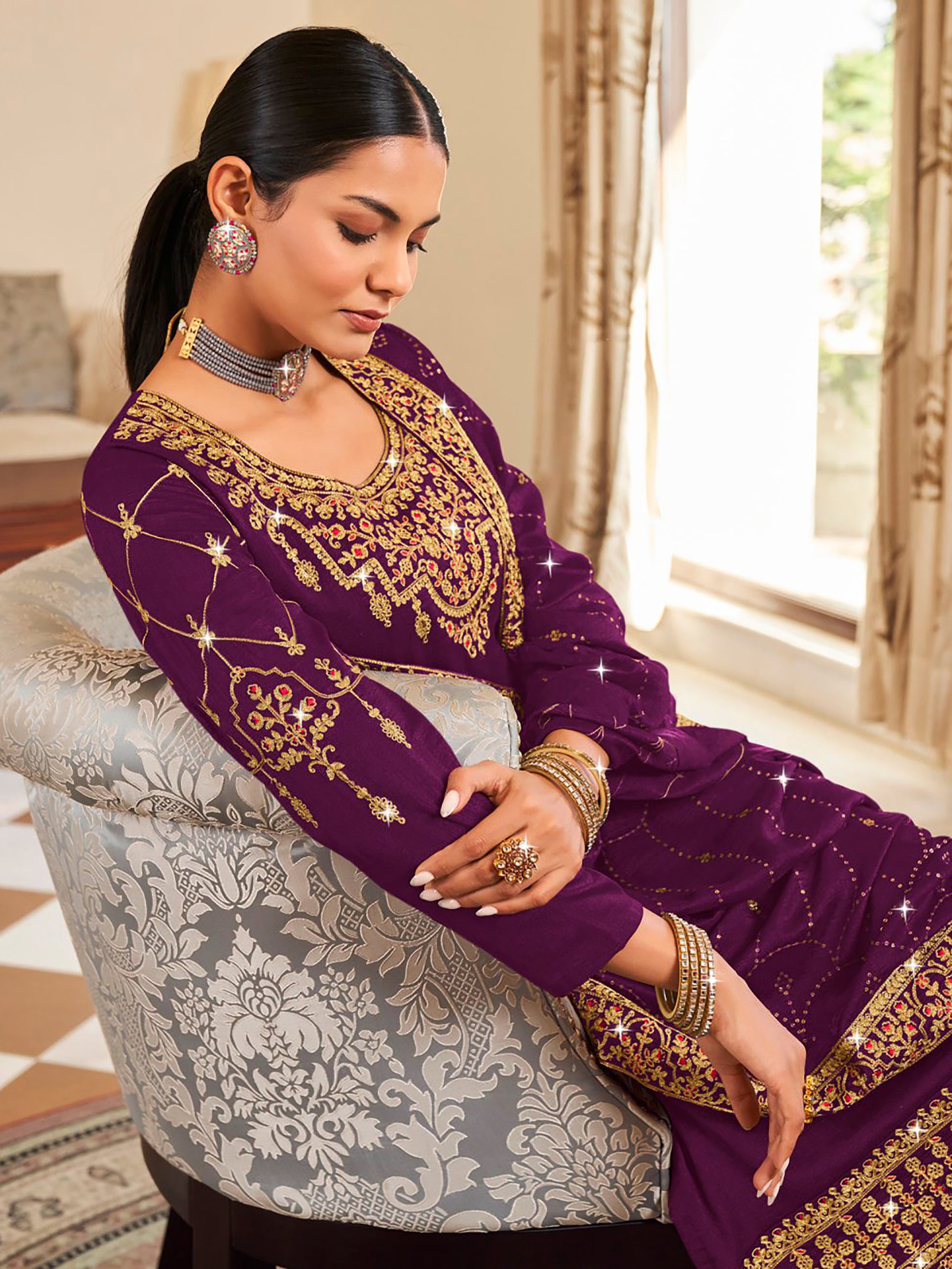 Gorgeous Purple Embroidered Vichitra Festival Wear Salwar Suit