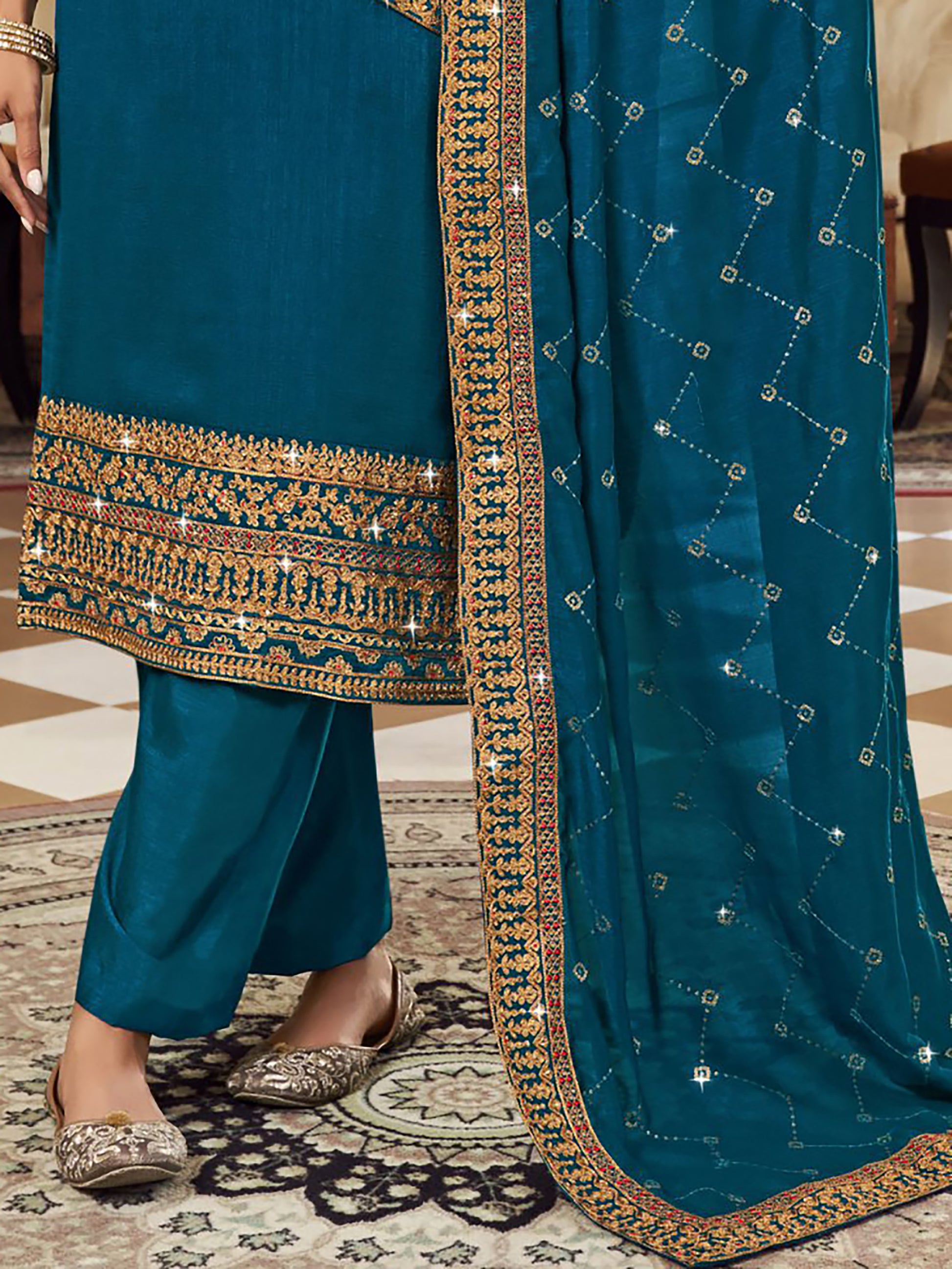 Stunning Teal Blue Embroidered Vichitra Party Wear Salwar Suit