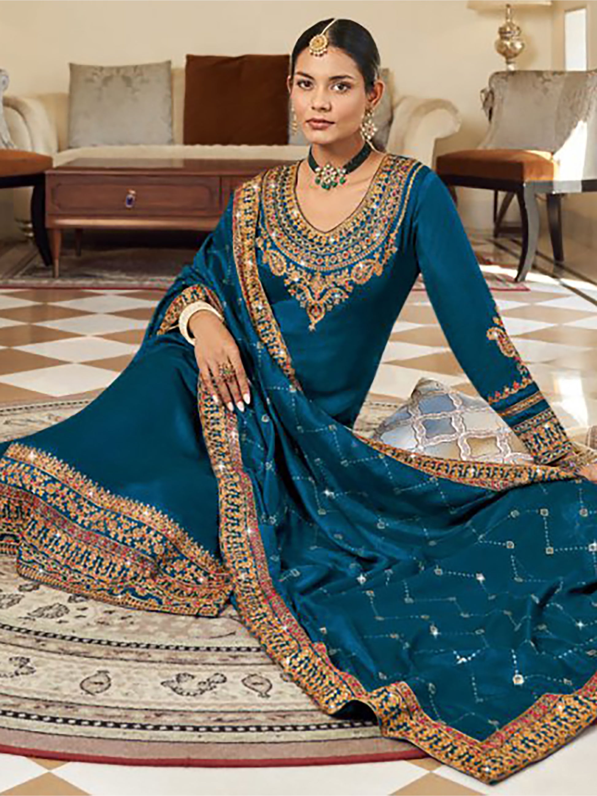 Stunning Teal Blue Embroidered Vichitra Party Wear Salwar Suit
