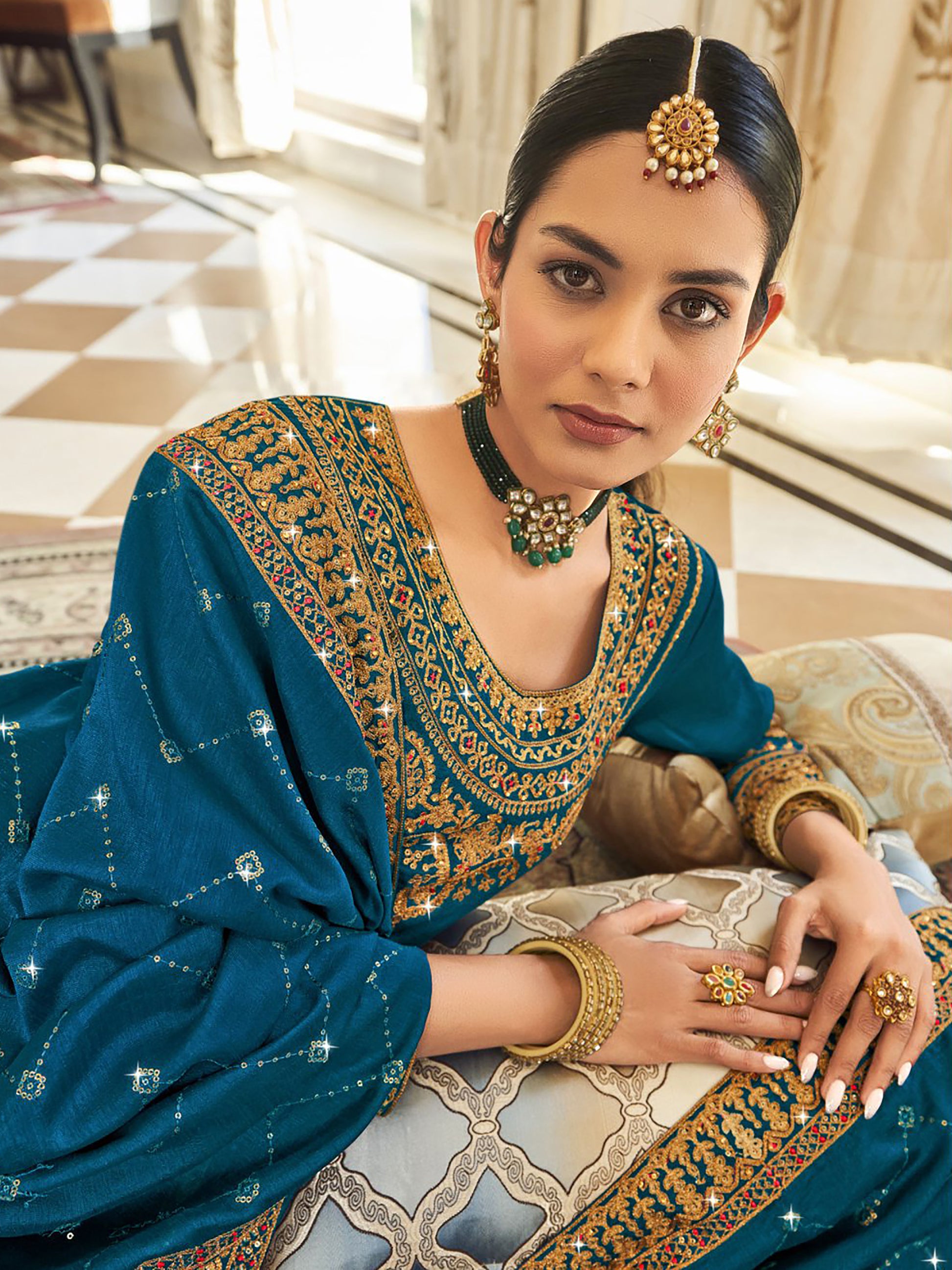 Stunning Teal Blue Embroidered Vichitra Party Wear Salwar Suit