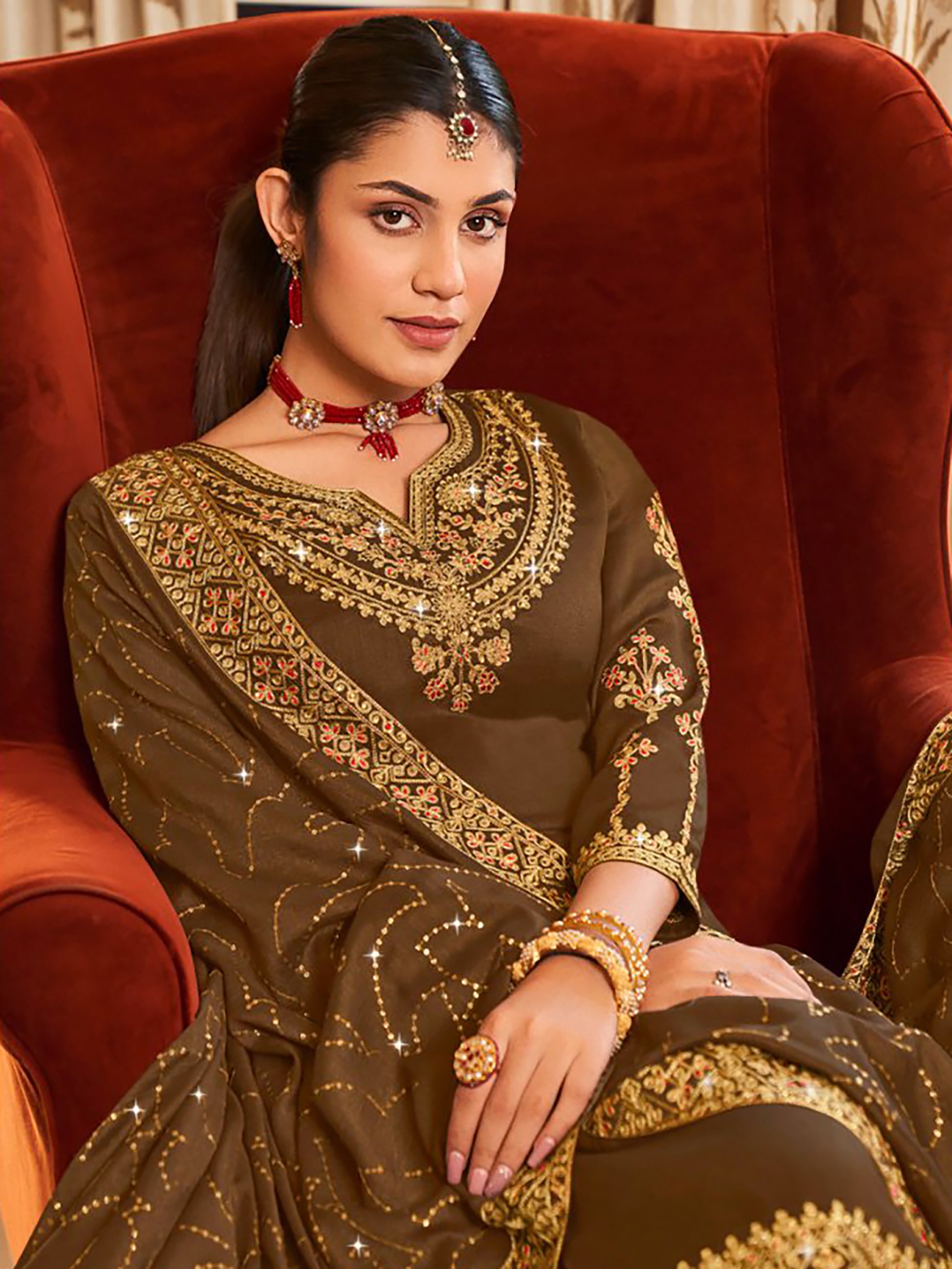 Attractive Mahendi Green Embroidered Vichitra Festival Wear Salwar Suit
