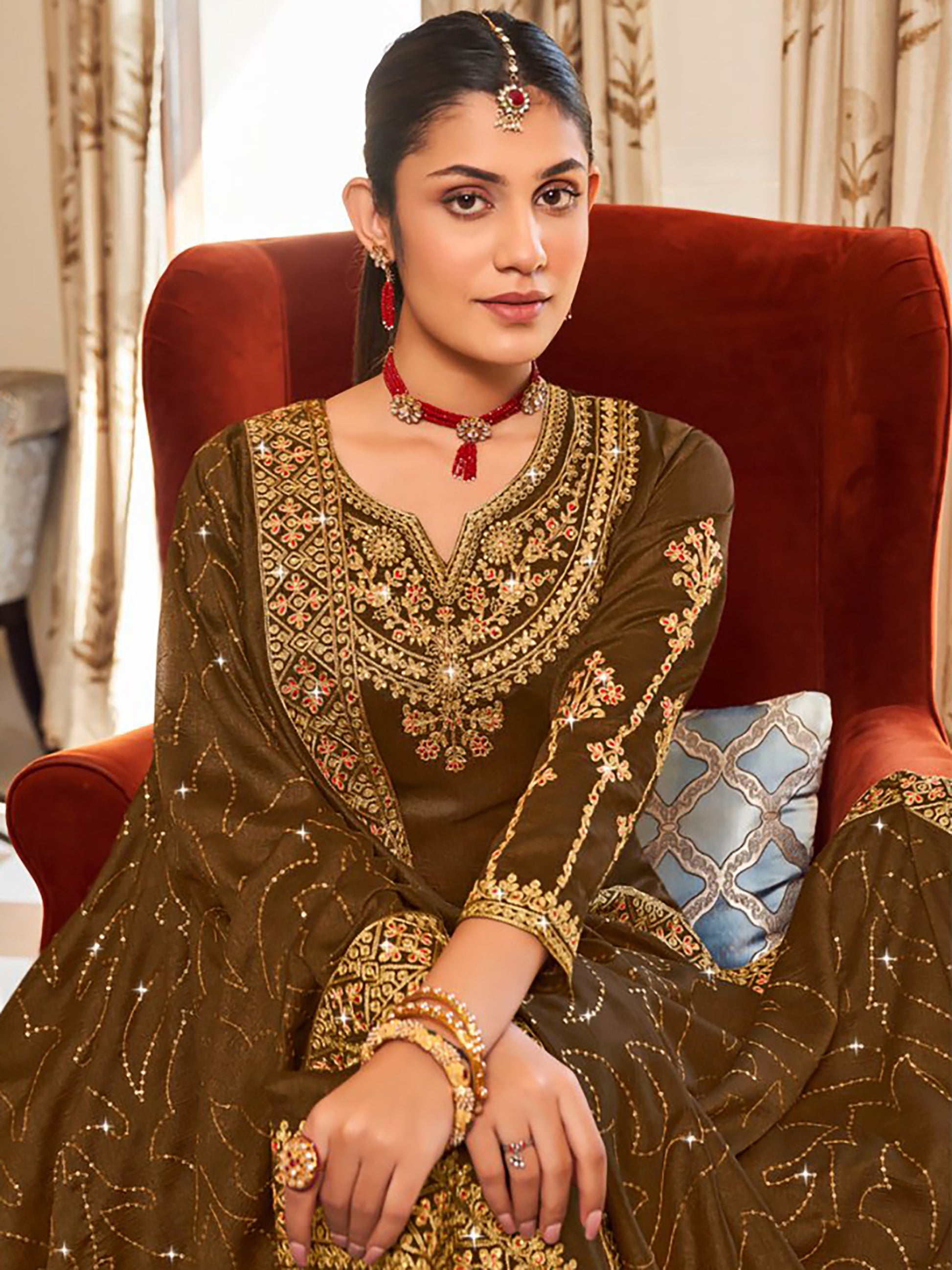 Attractive Mahendi Green Embroidered Vichitra Festival Wear Salwar Suit
