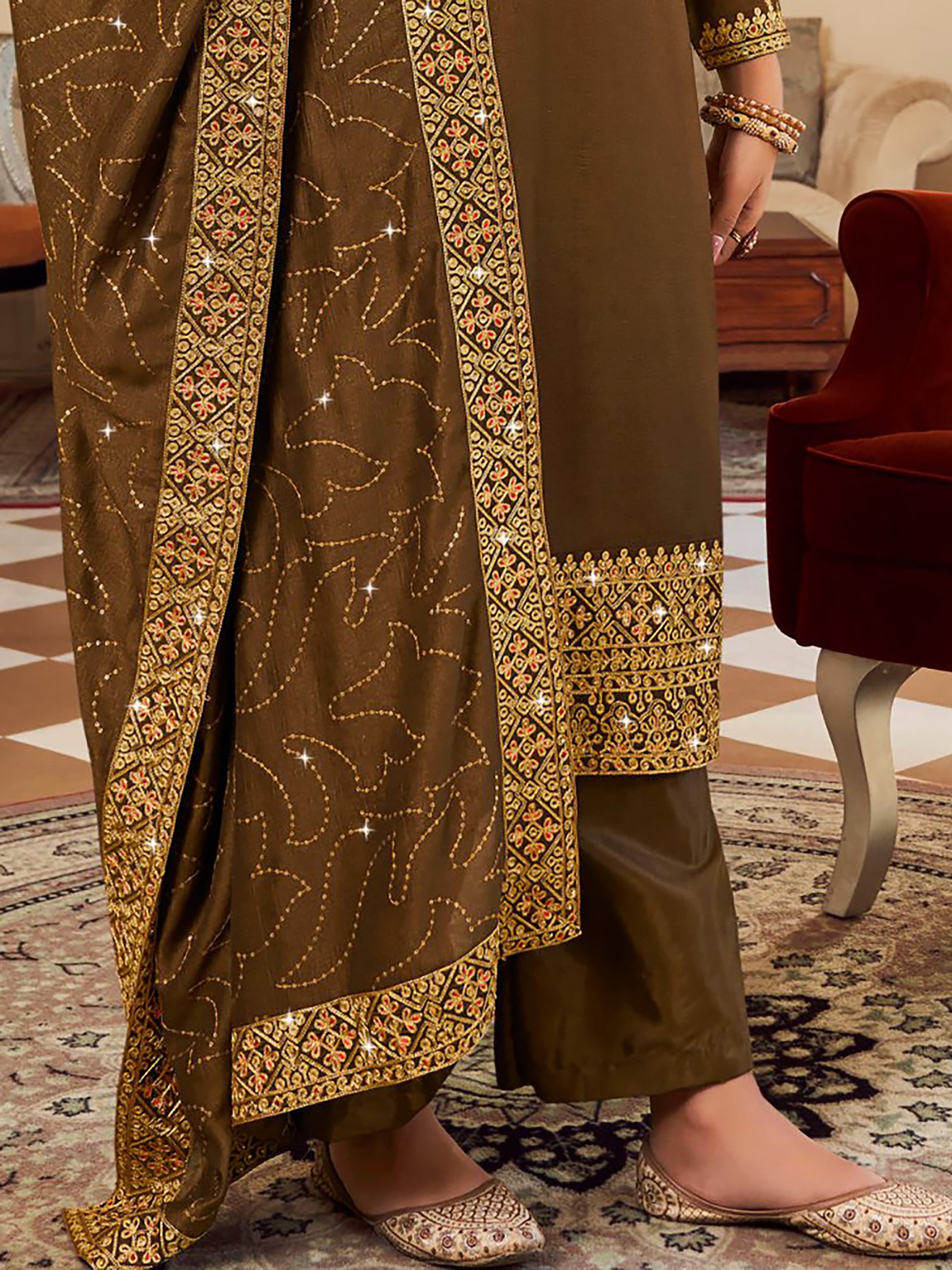 Attractive Mahendi Green Embroidered Vichitra Festival Wear Salwar Suit