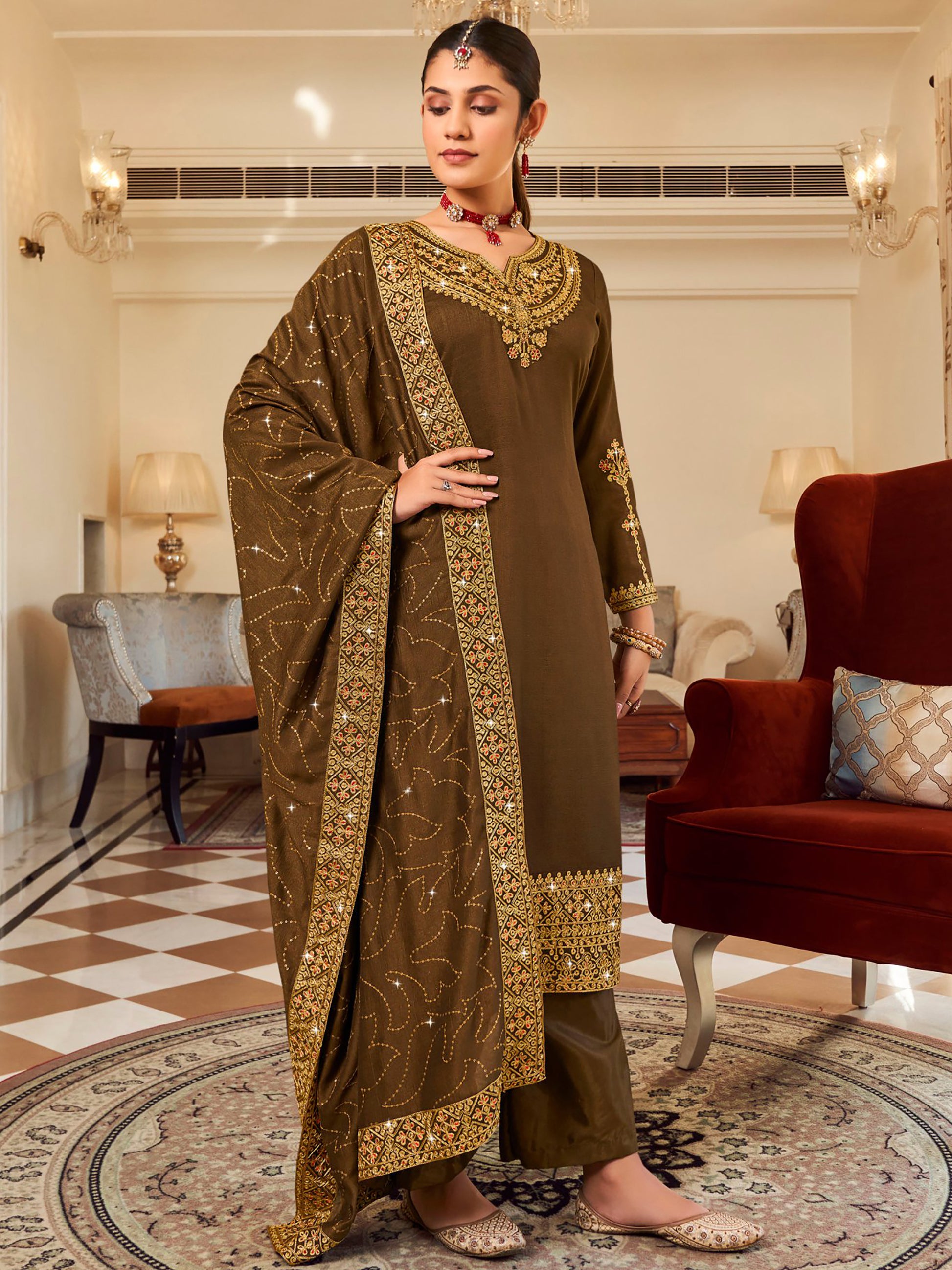 Attractive Mahendi Green Embroidered Vichitra Festival Wear Salwar Suit
