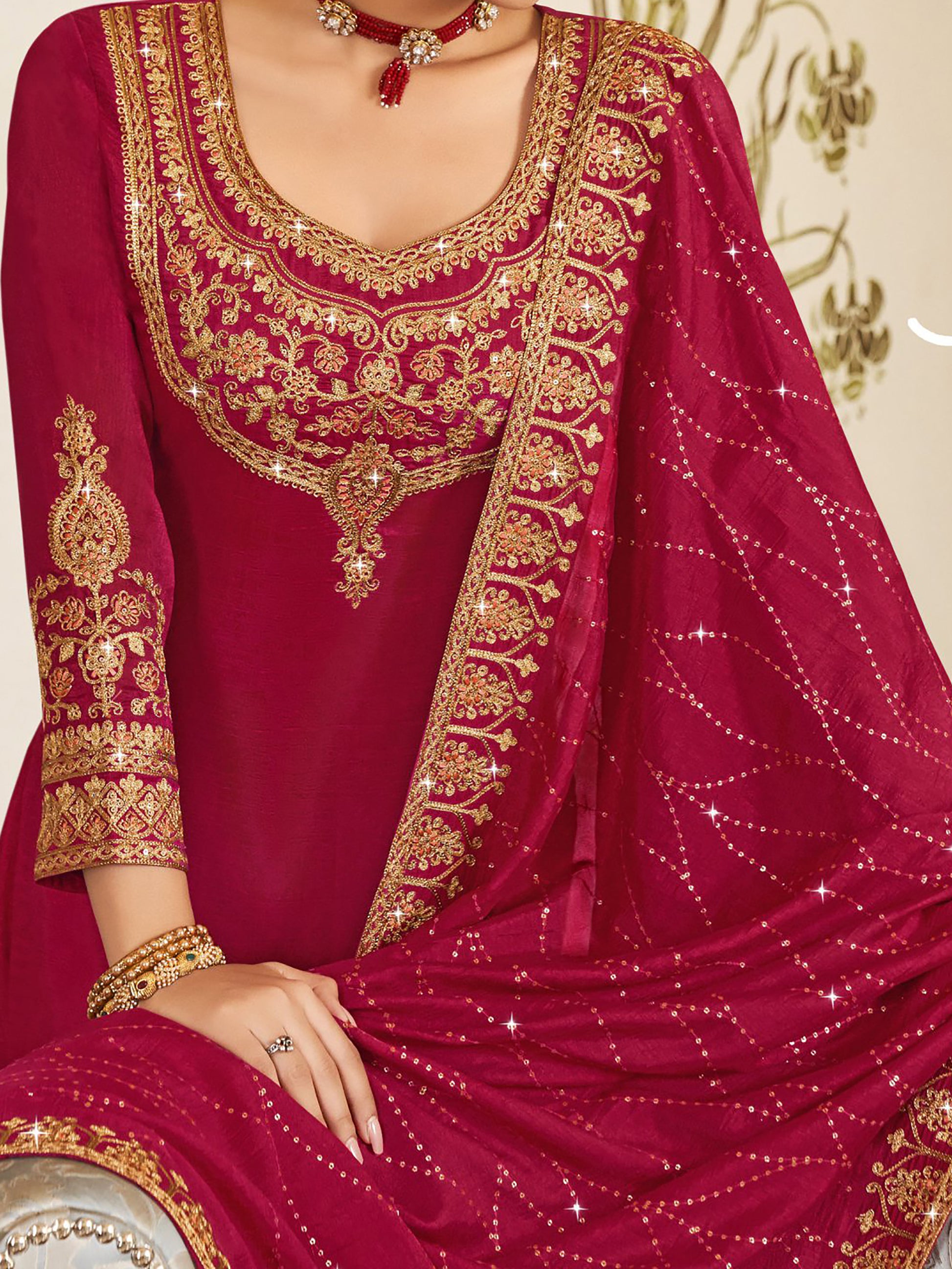 Lovely Pink Embroidered Vichitra Party Wear Salwar Suit