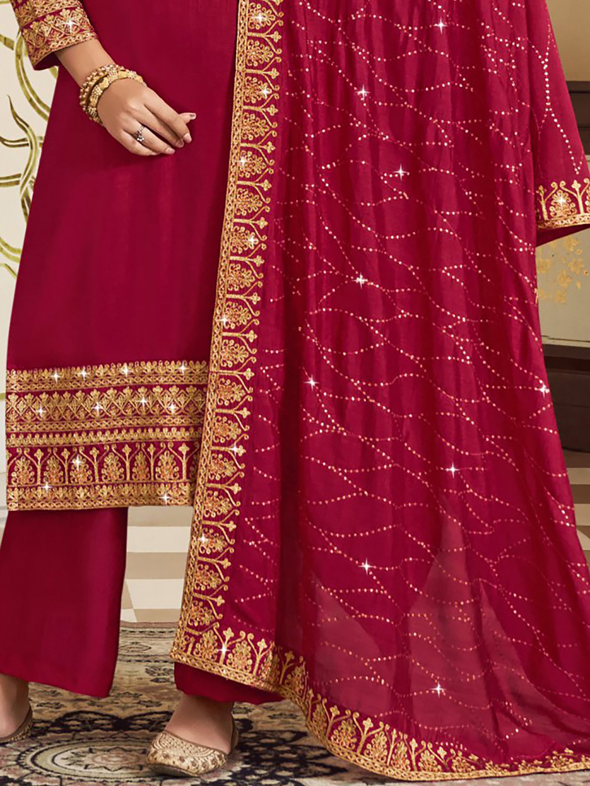 Lovely Pink Embroidered Vichitra Party Wear Salwar Suit