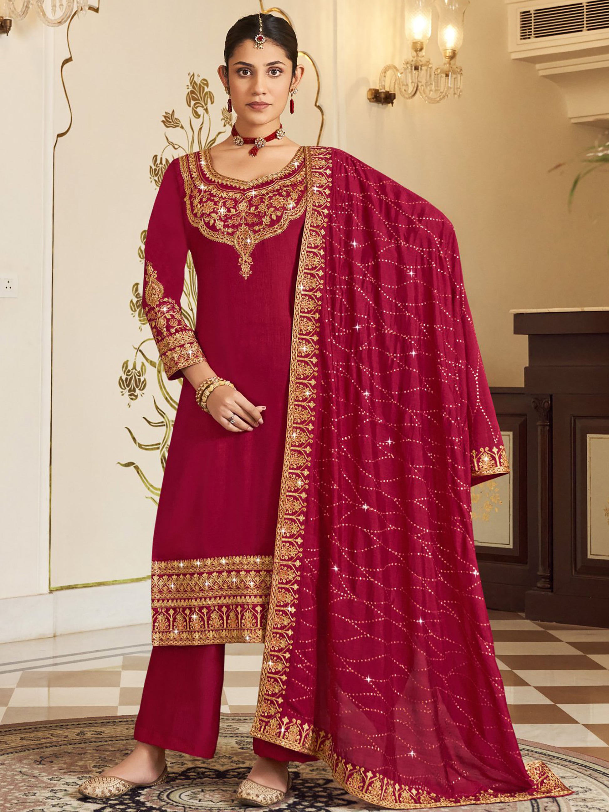 Lovely Pink Embroidered Vichitra Party Wear Salwar Suit