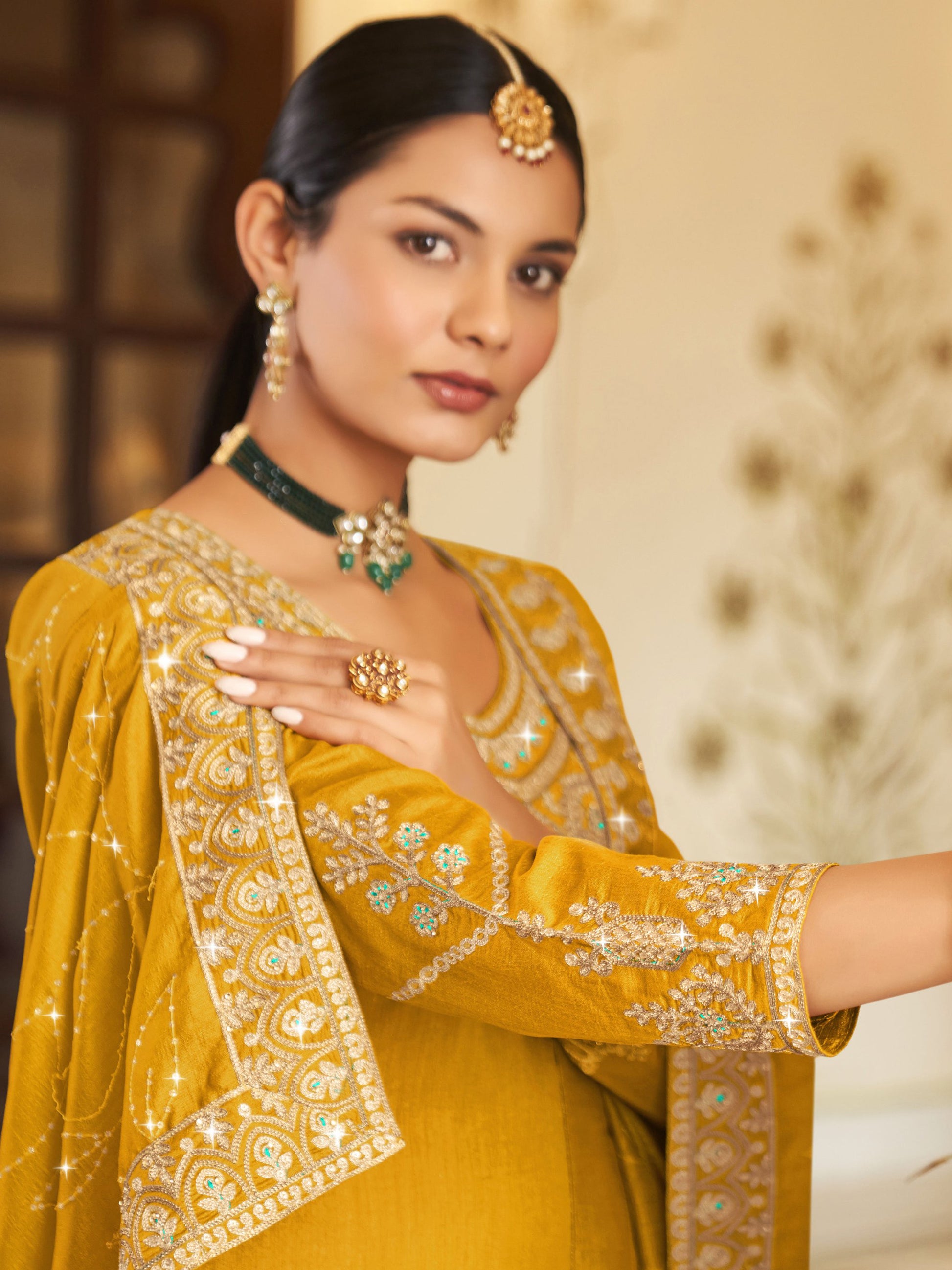Ravishing Yellow Embroidered Vichitra Festival Wear Salwar Suit