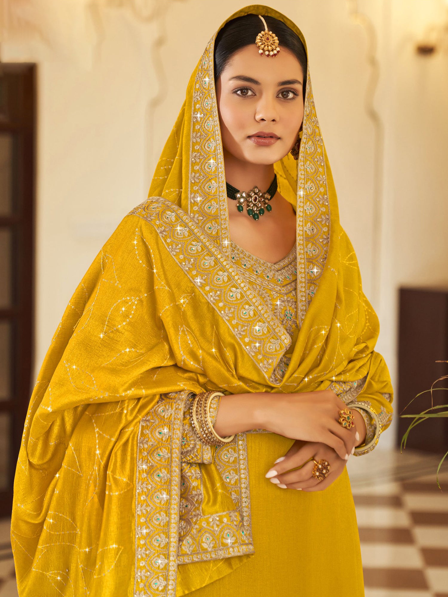 Ravishing Yellow Embroidered Vichitra Festival Wear Salwar Suit