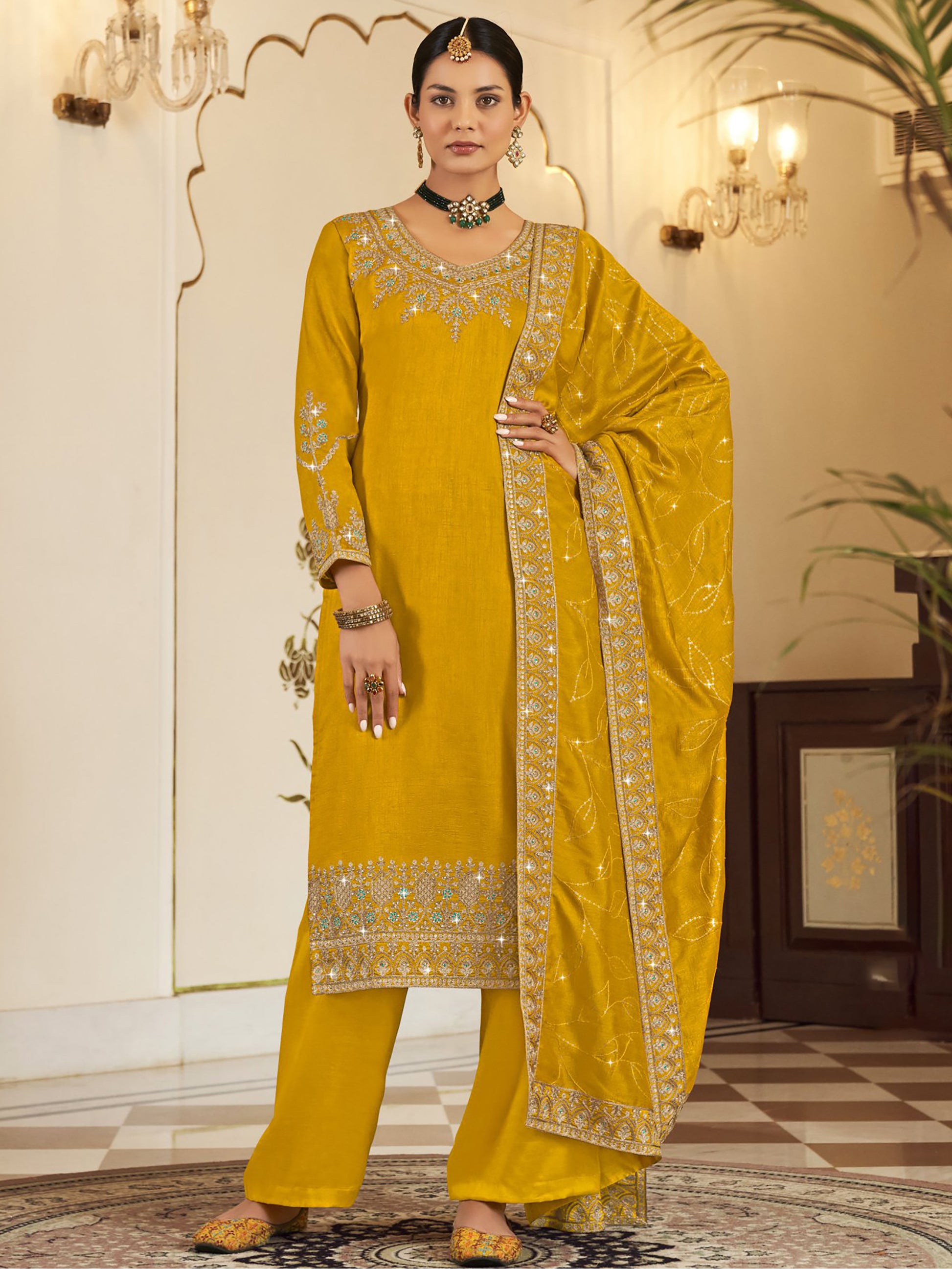 Ravishing Yellow Embroidered Vichitra Festival Wear Salwar Suit