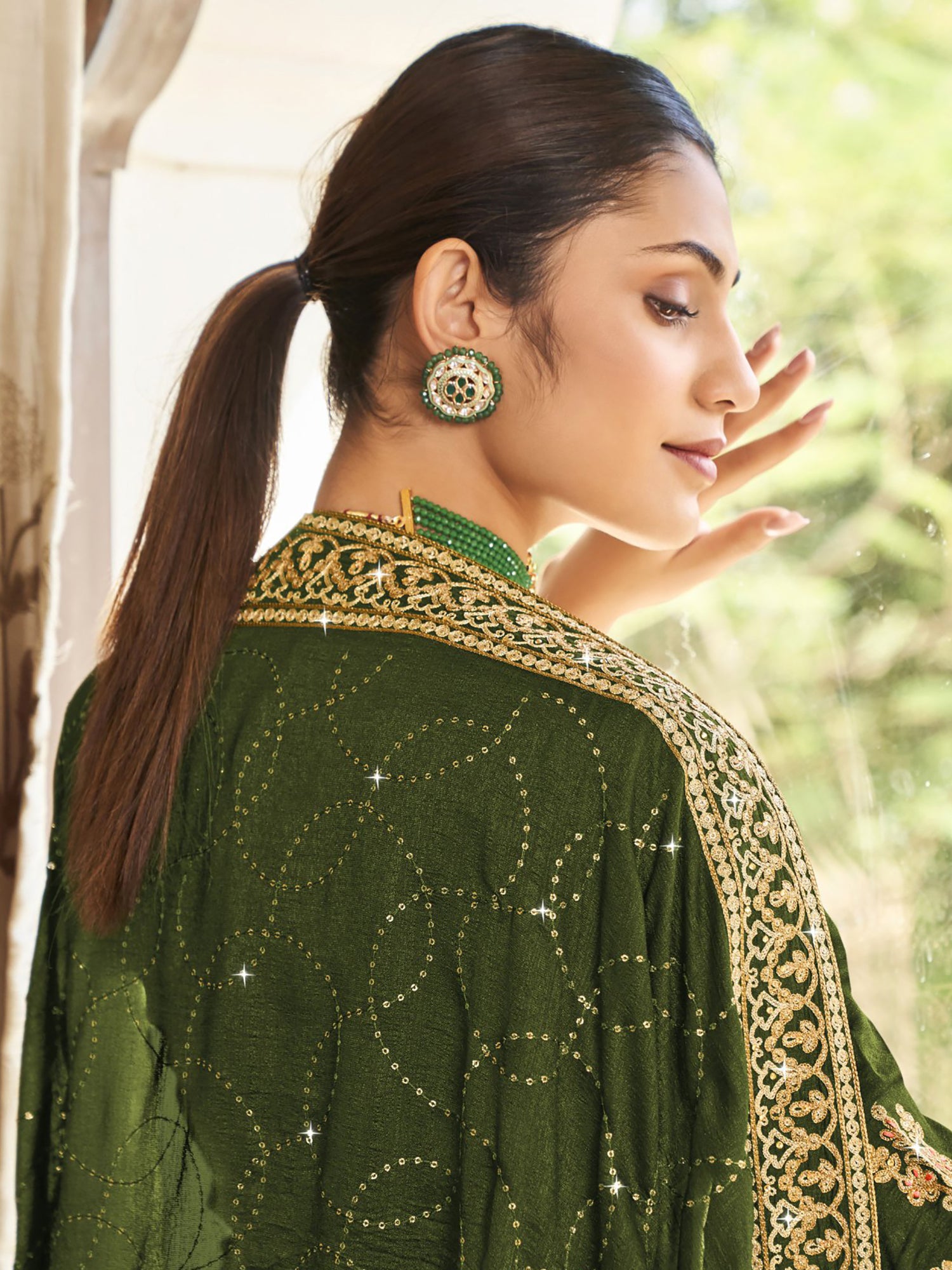 Ravishing Green Embroidered Vichitra Festival Wear Salwar Suit