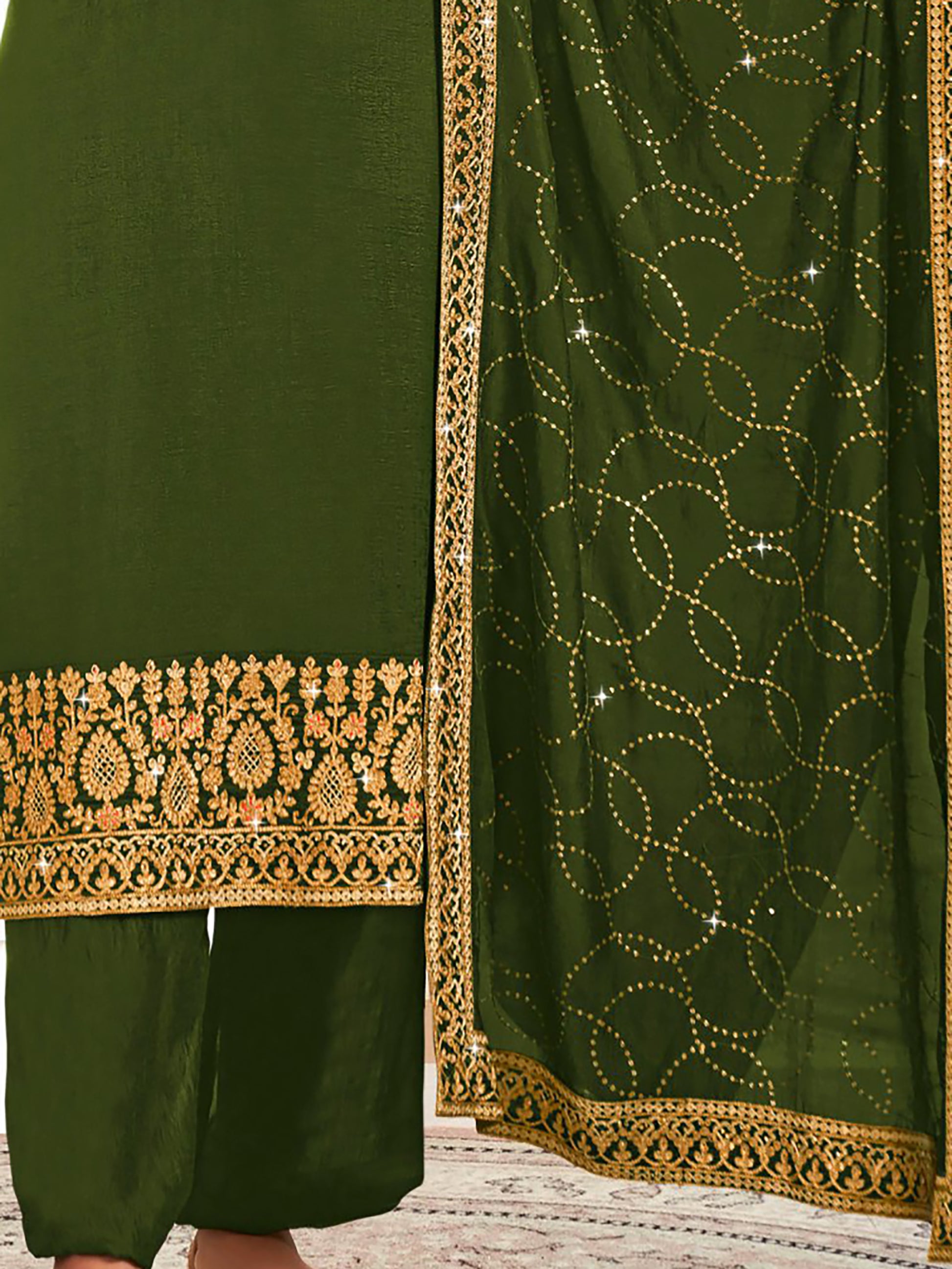 Ravishing Green Embroidered Vichitra Festival Wear Salwar Suit