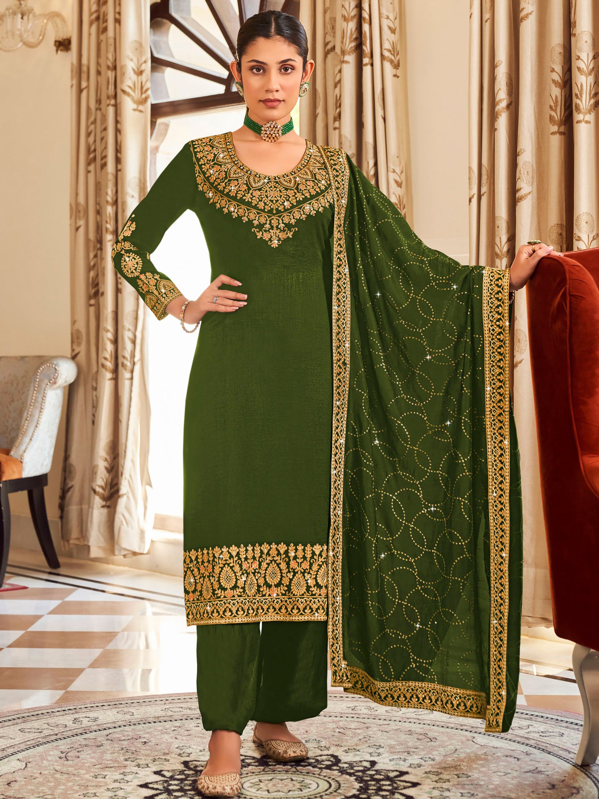 Ravishing Green Embroidered Vichitra Festival Wear Salwar Suit