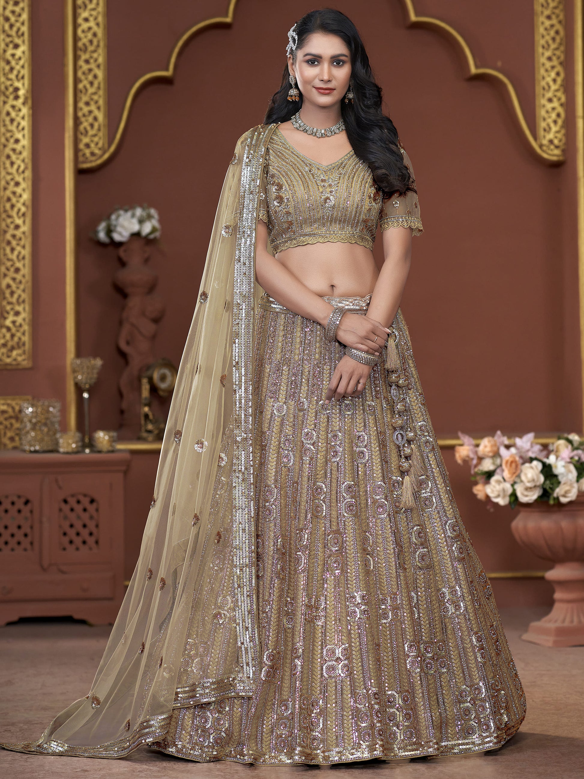 Amazing Golden Jarkan Work Net Wedding Lehenga Choli With Dupatta