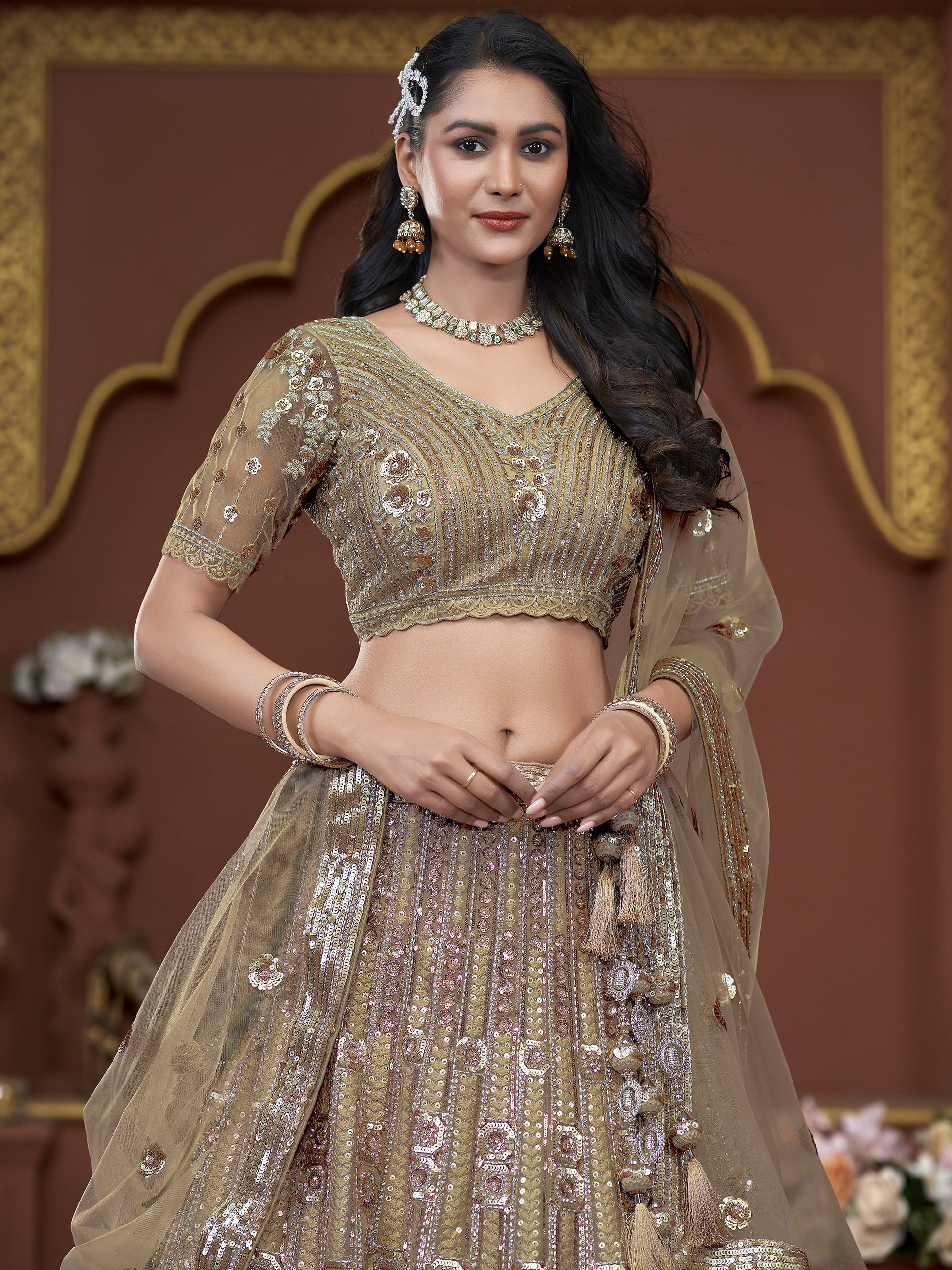 Amazing Golden Jarkan Work Net Wedding Lehenga Choli With Dupatta