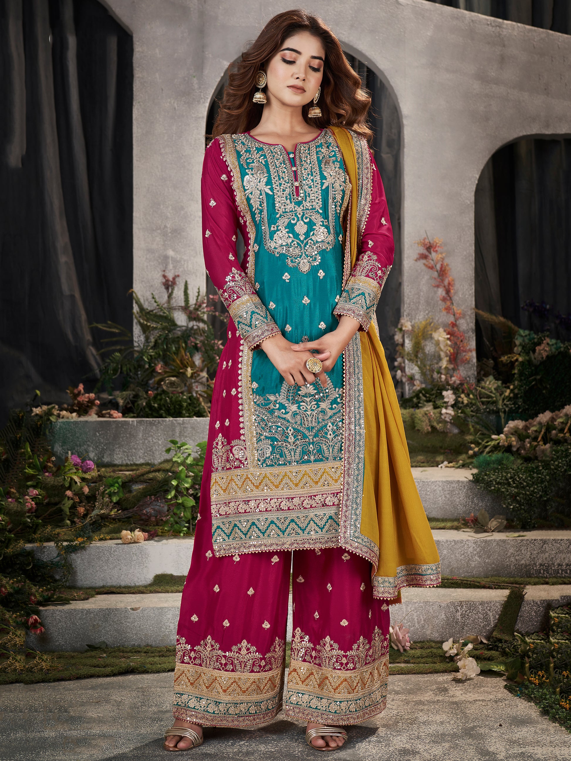 Attractive Blue & Pink Sequins Chinon Palazzo Suit With Dupatta
