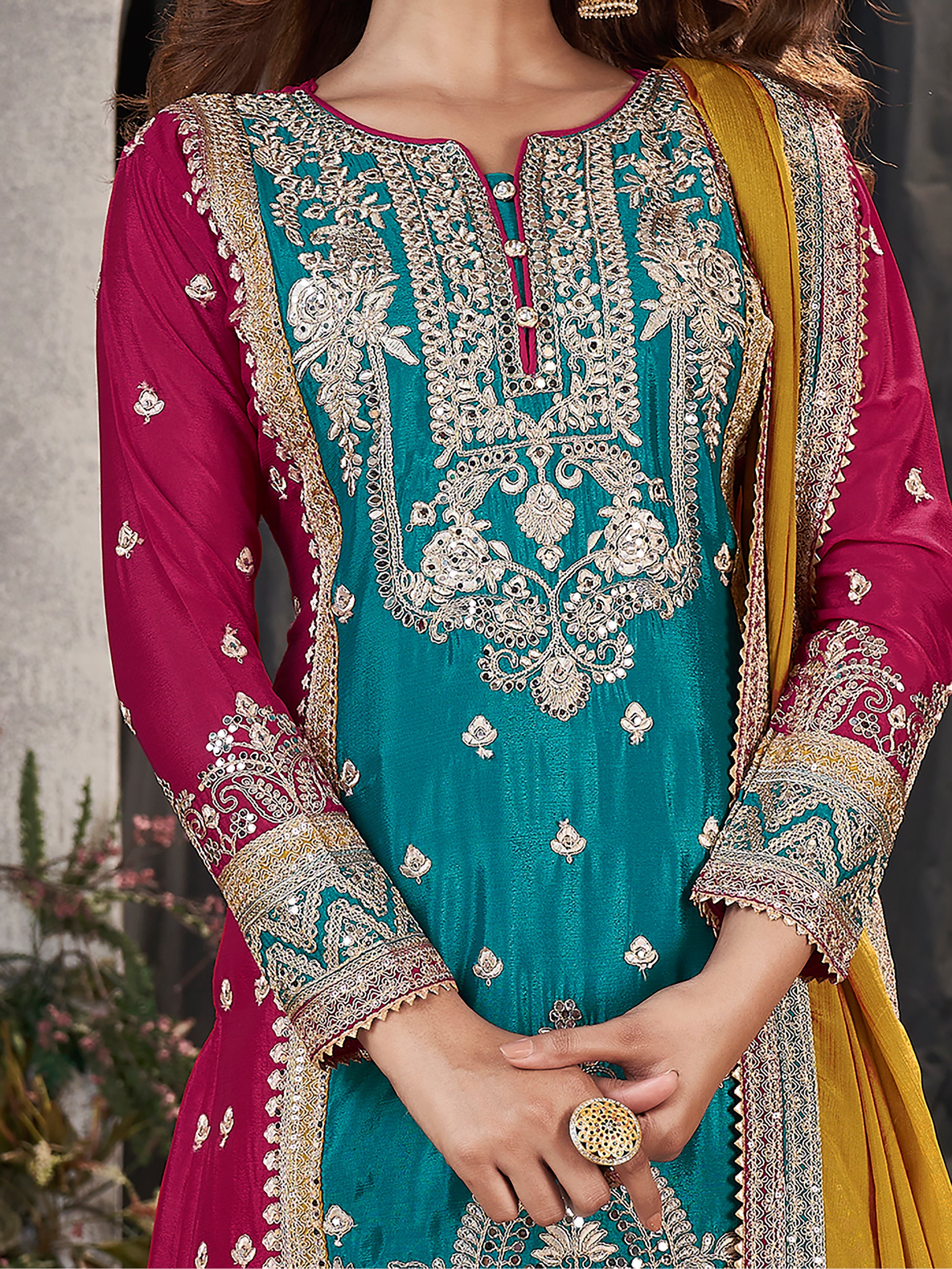 Attractive Blue & Pink Sequins Chinon Palazzo Suit With Dupatta