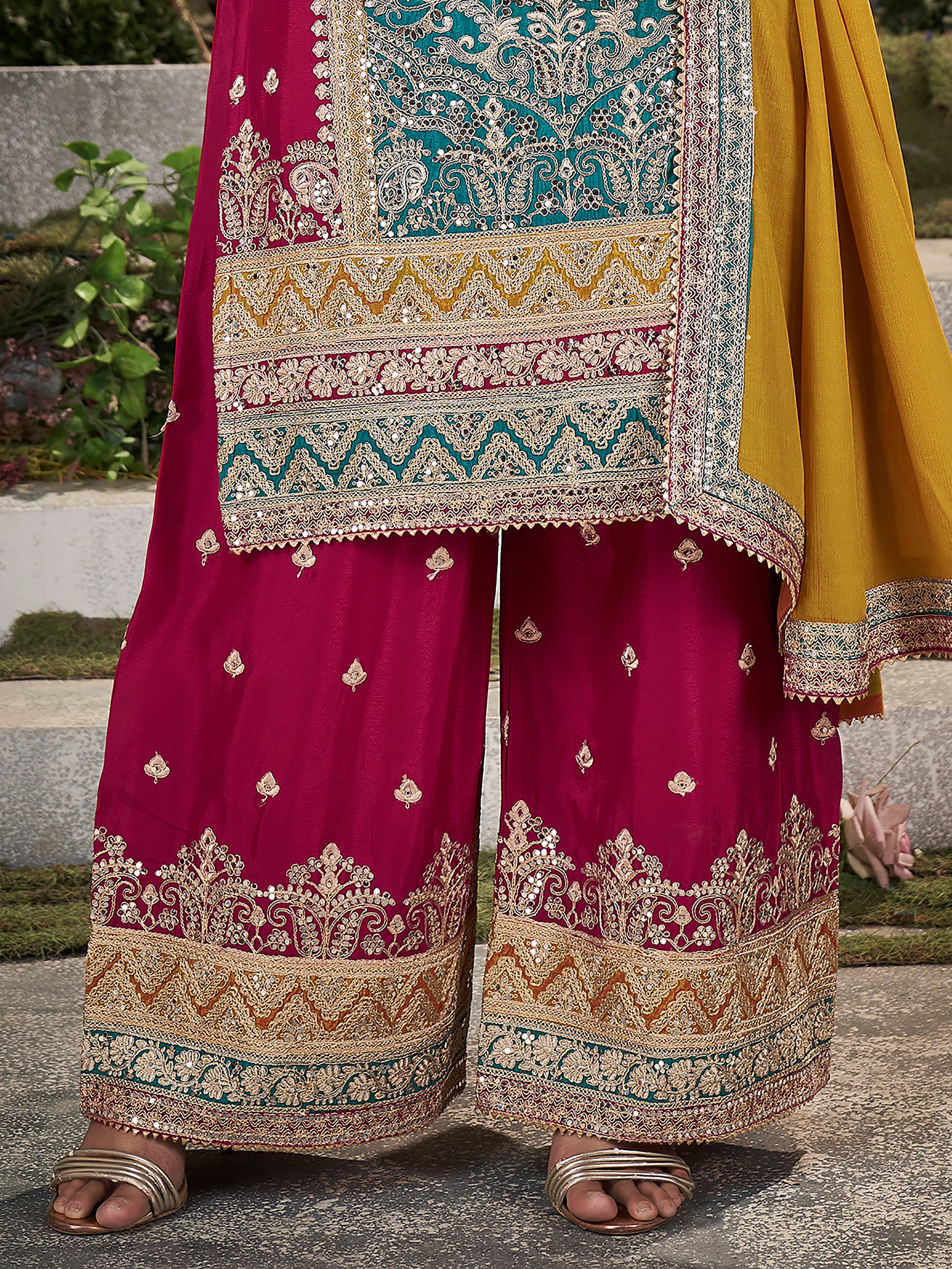 Attractive Blue & Pink Sequins Chinon Palazzo Suit With Dupatta