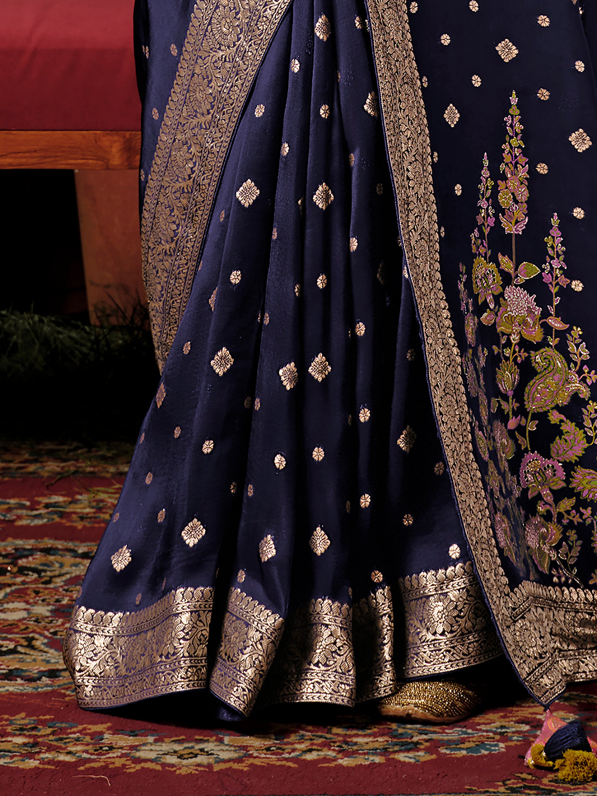 Captivating Navy Blue Zari Weaving Silk Traditional Saree With Blouse