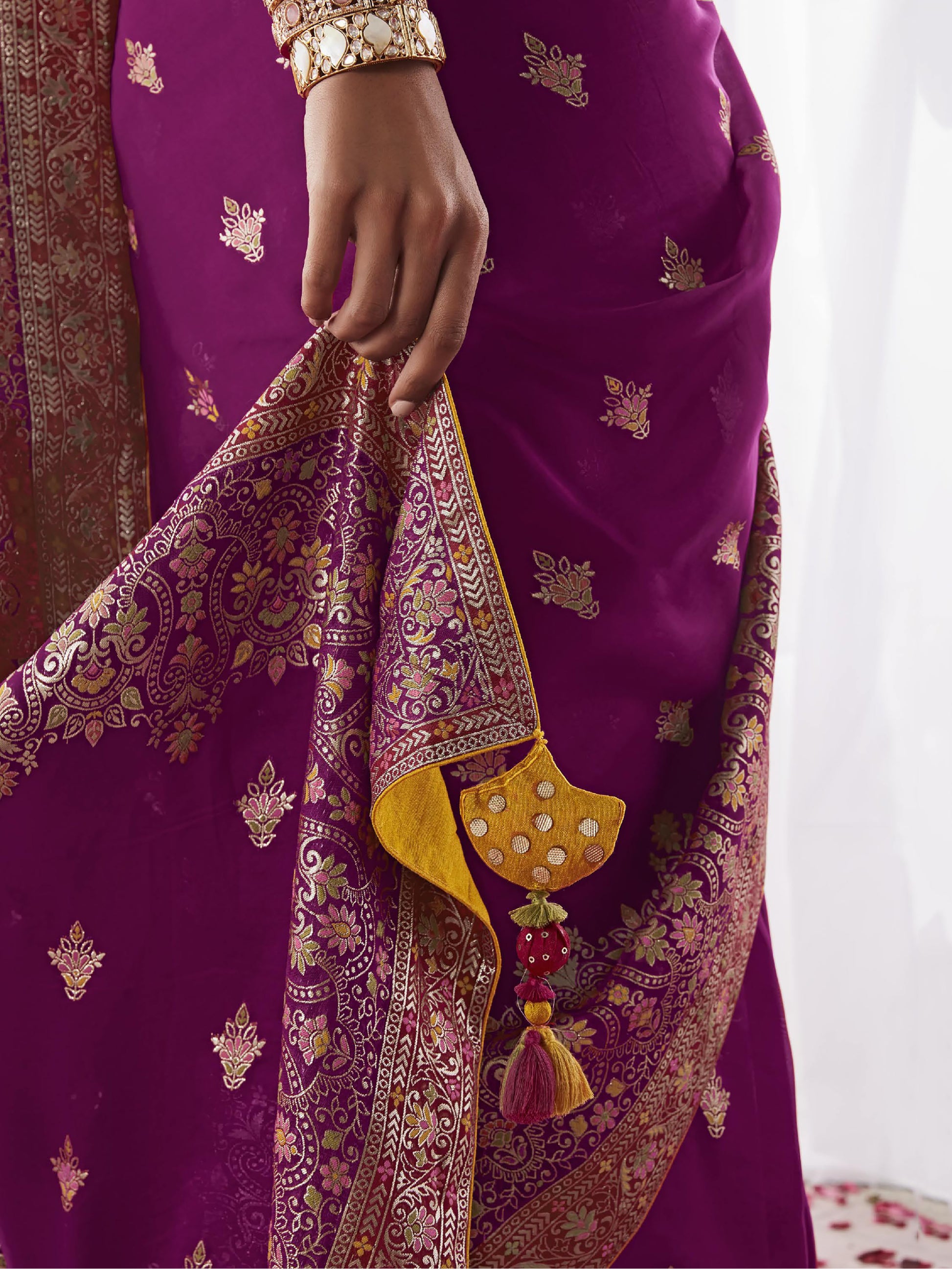 Pretty Purple Zari Weaving Silk Wedding Wear Saree With Blouse
