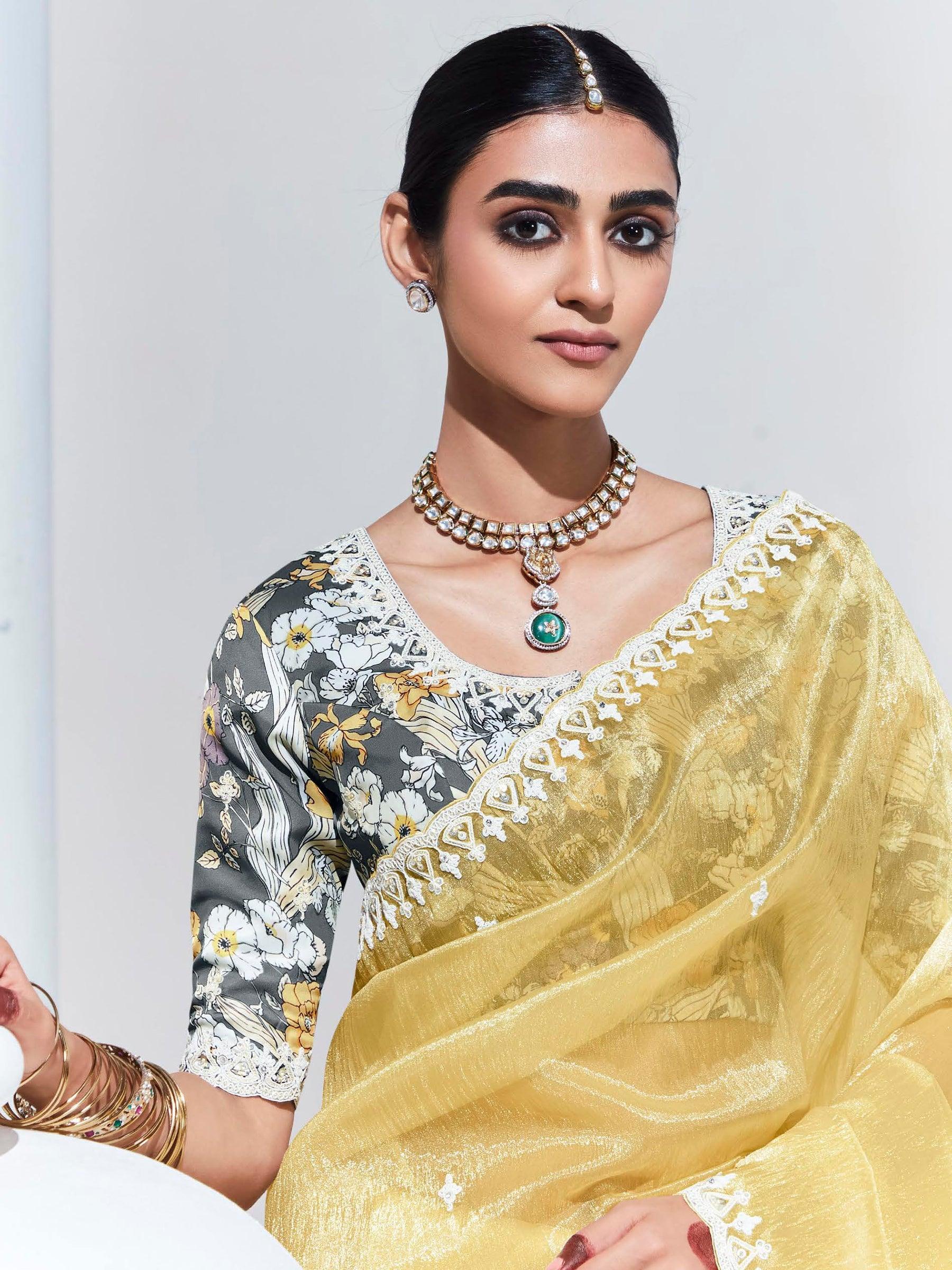Alluring Yellow Embroidered Organza Festival Wear Saree With Blouse