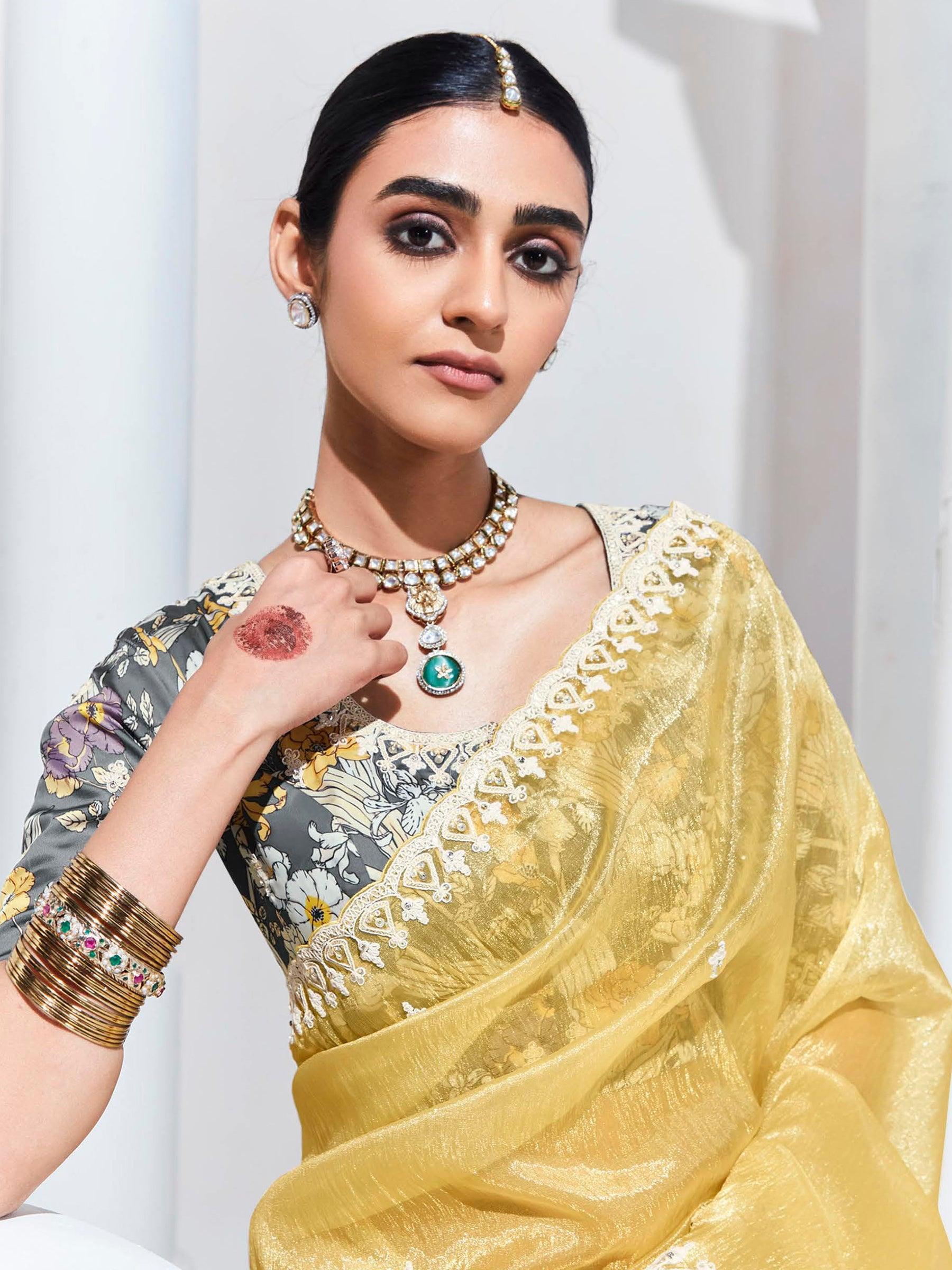Alluring Yellow Embroidered Organza Festival Wear Saree With Blouse