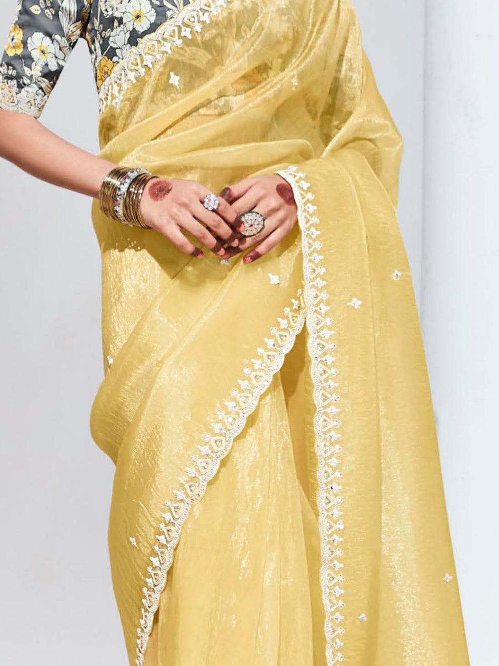 Alluring Yellow Embroidered Organza Festival Wear Saree With Blouse