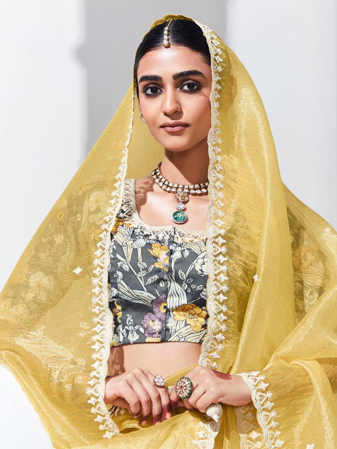 Alluring Yellow Embroidered Organza Festival Wear Saree With Blouse