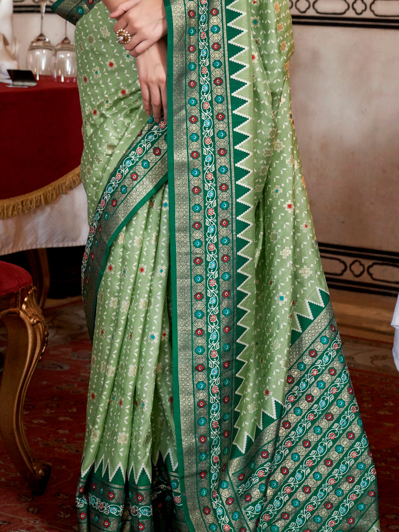 Gorgeous Pista Green Printed Silk Event Wear Saree With Blouse