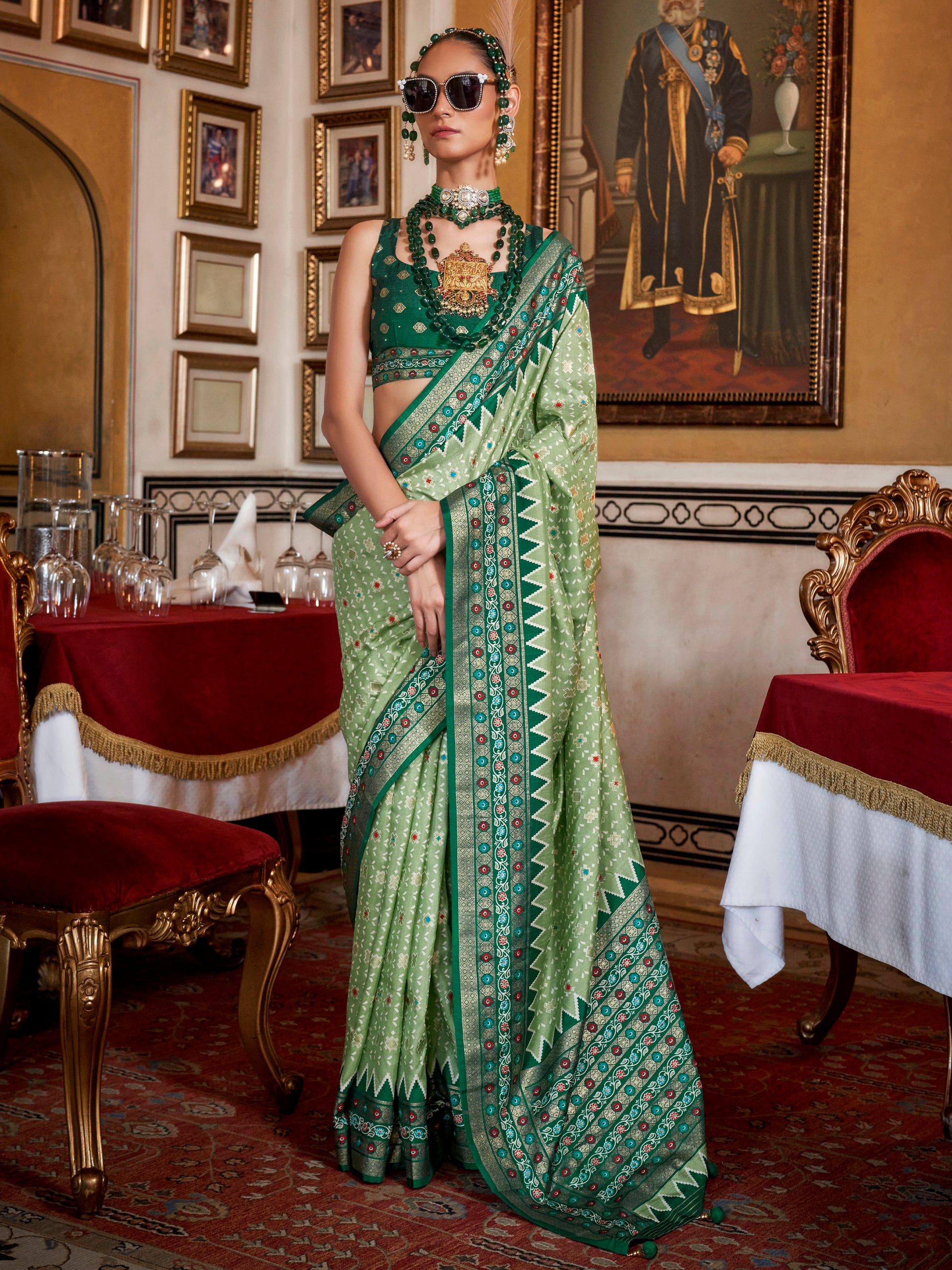 Gorgeous Pista Green Printed Silk Event Wear Saree With Blouse