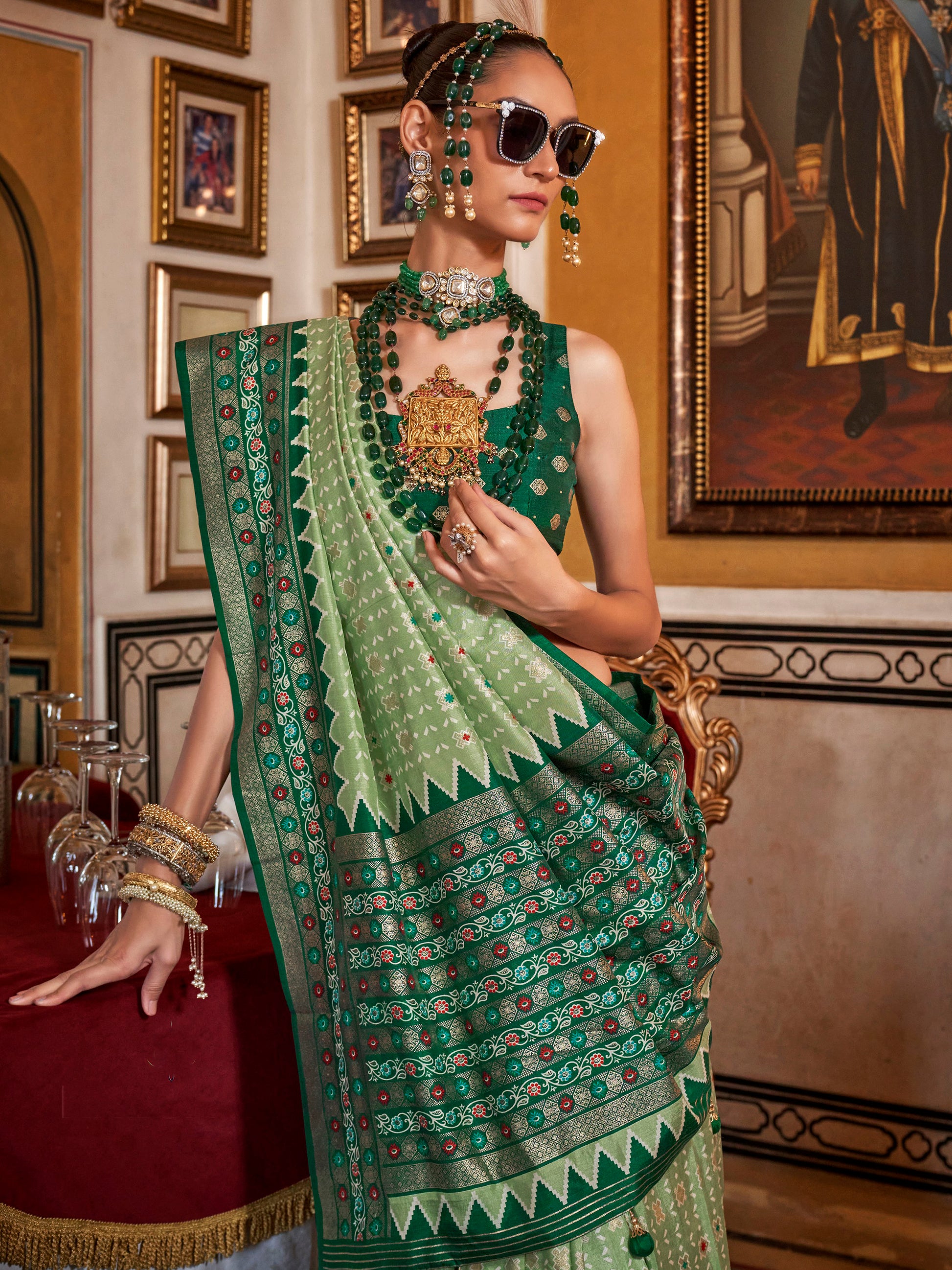 Gorgeous Pista Green Printed Silk Event Wear Saree With Blouse