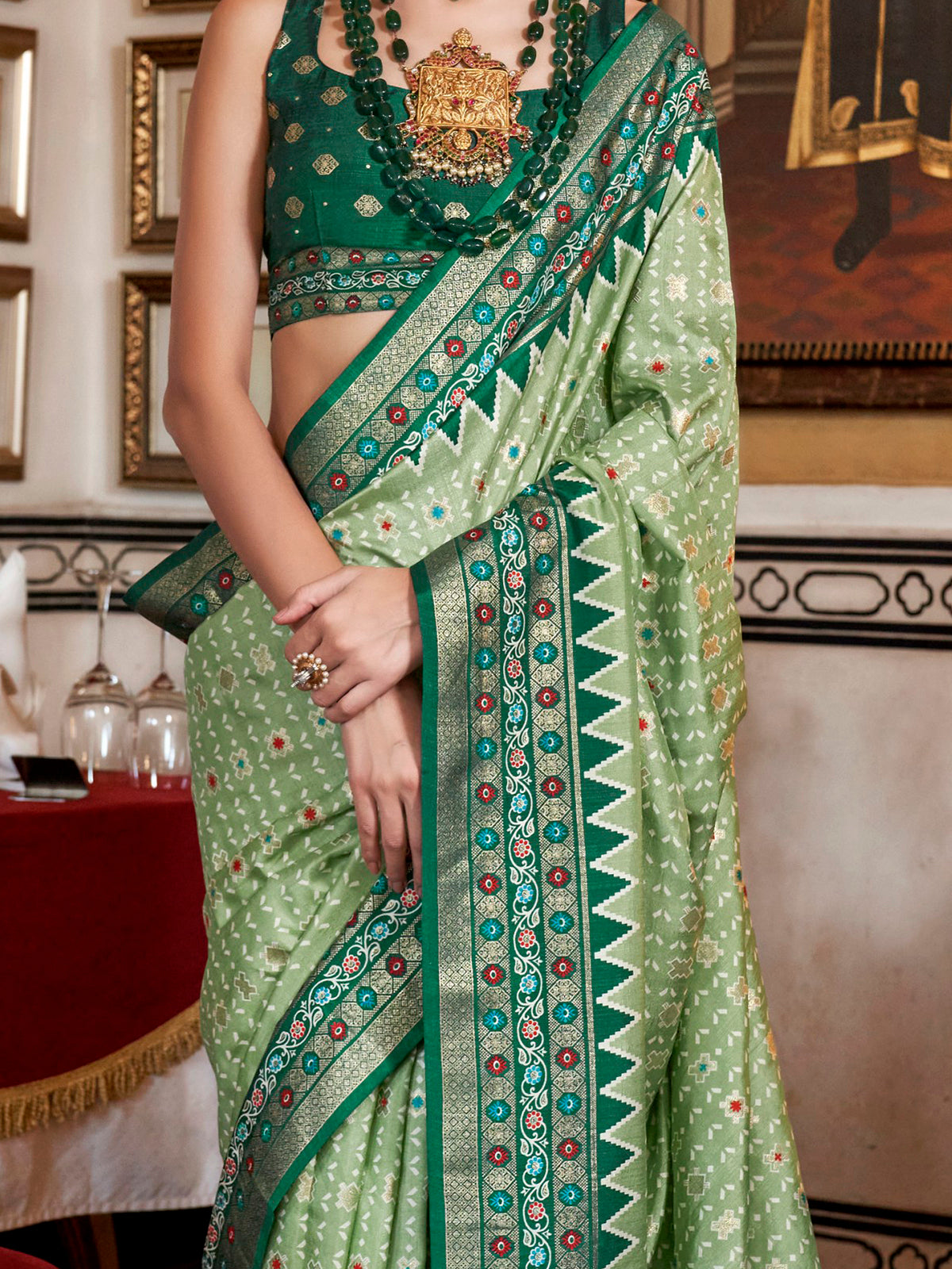 Gorgeous Pista Green Printed Silk Event Wear Saree With Blouse
