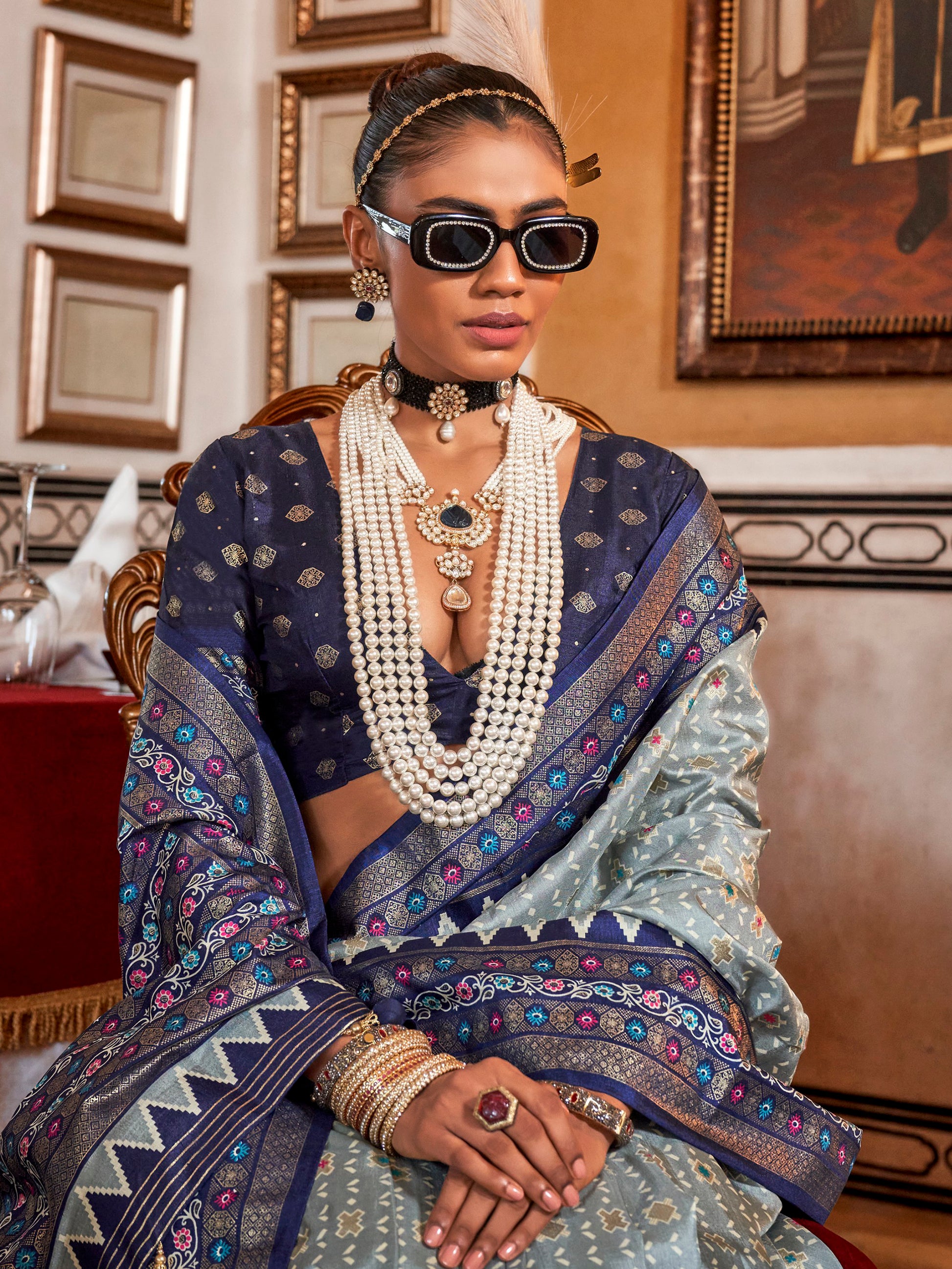 Enchanting Blue Printed Silk Festival Wear Saree With Blouse