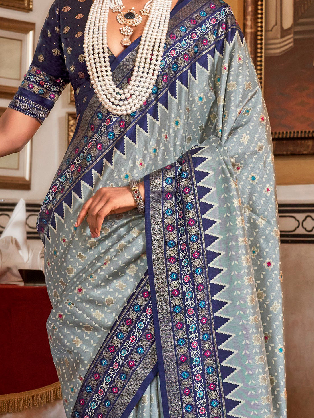Enchanting Blue Printed Silk Festival Wear Saree With Blouse
