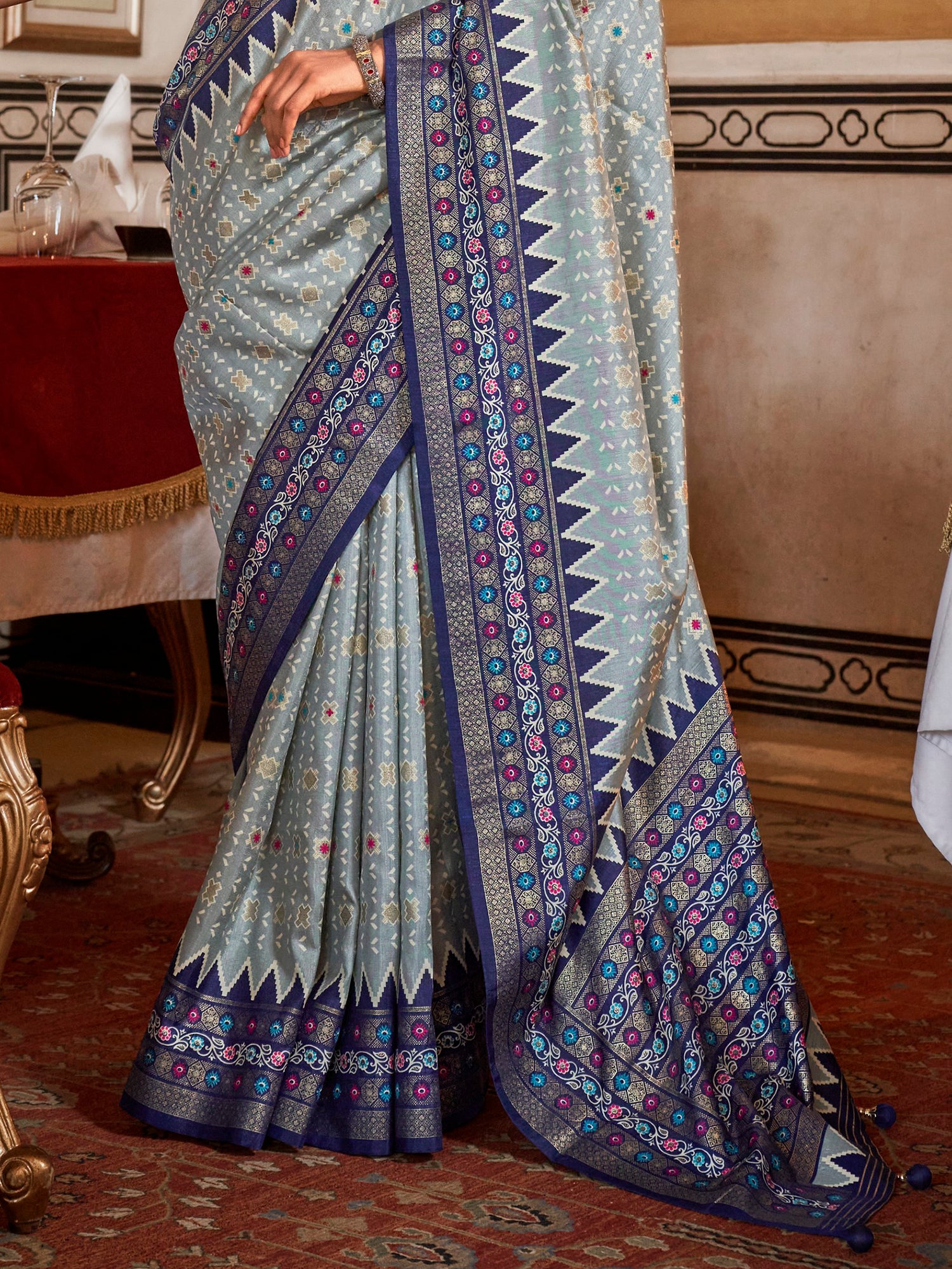 Enchanting Blue Printed Silk Festival Wear Saree With Blouse