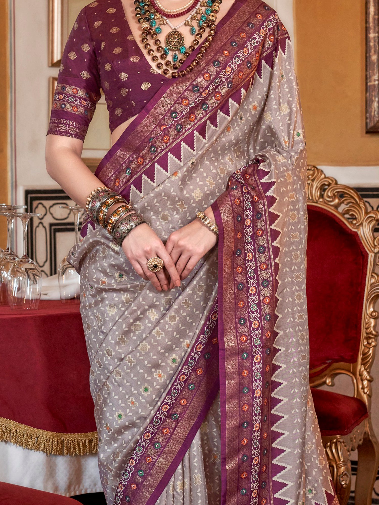 Glamorous Grey Printed Silk Traditional Saree With Blouse