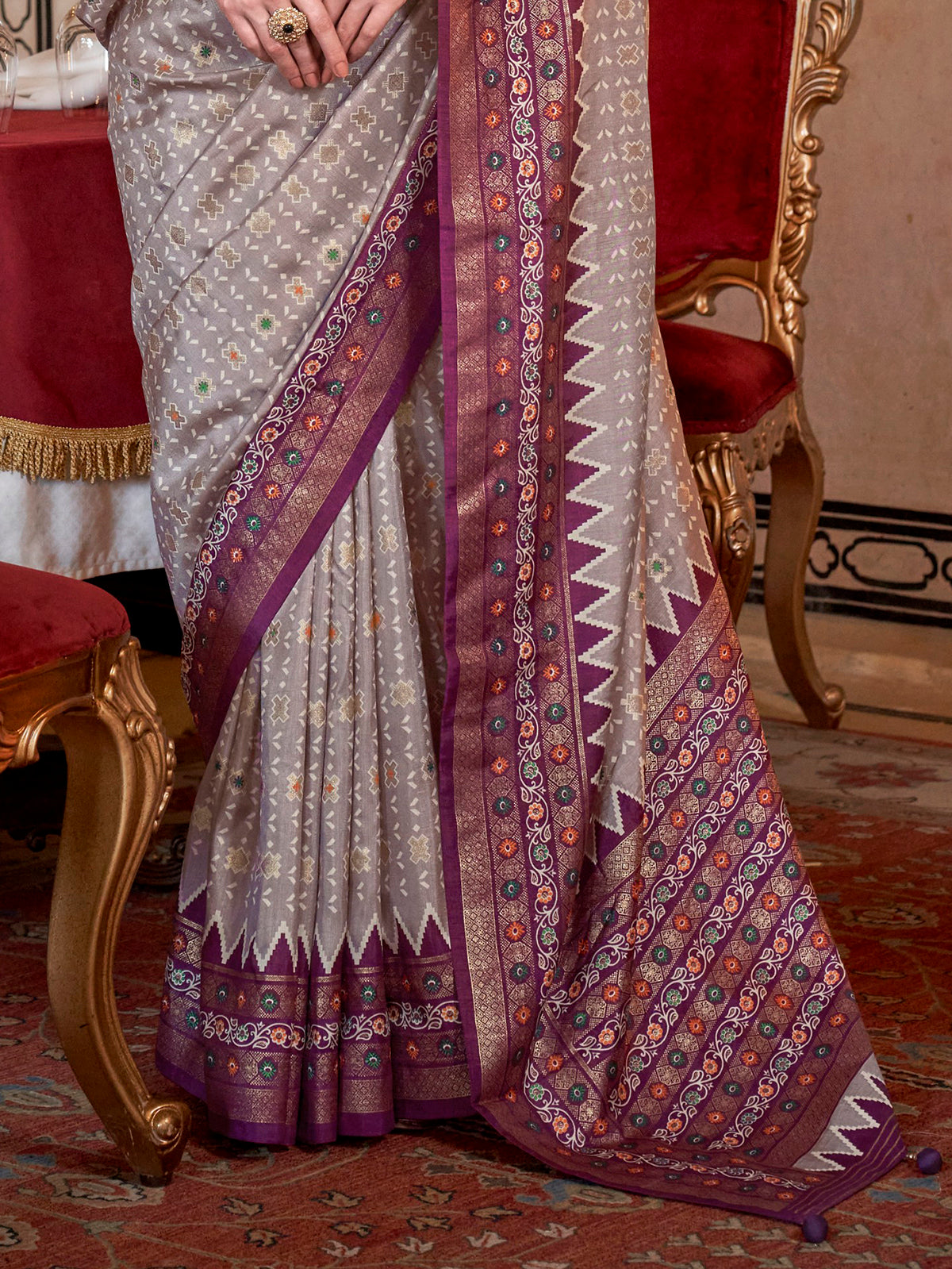 Glamorous Grey Printed Silk Traditional Saree With Blouse