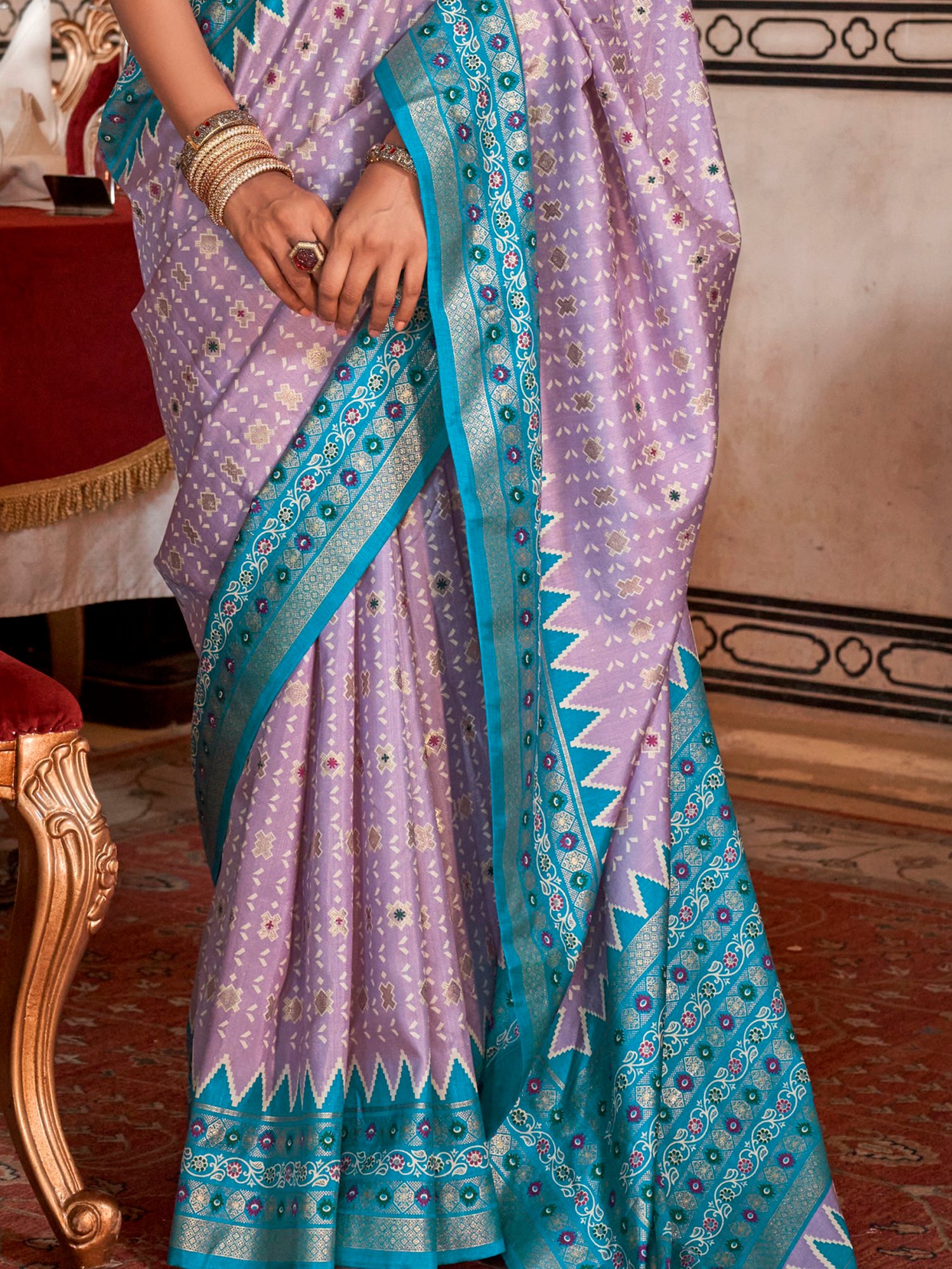 Alluring Lavender Printed Silk Festival Wear Saree With Blouse