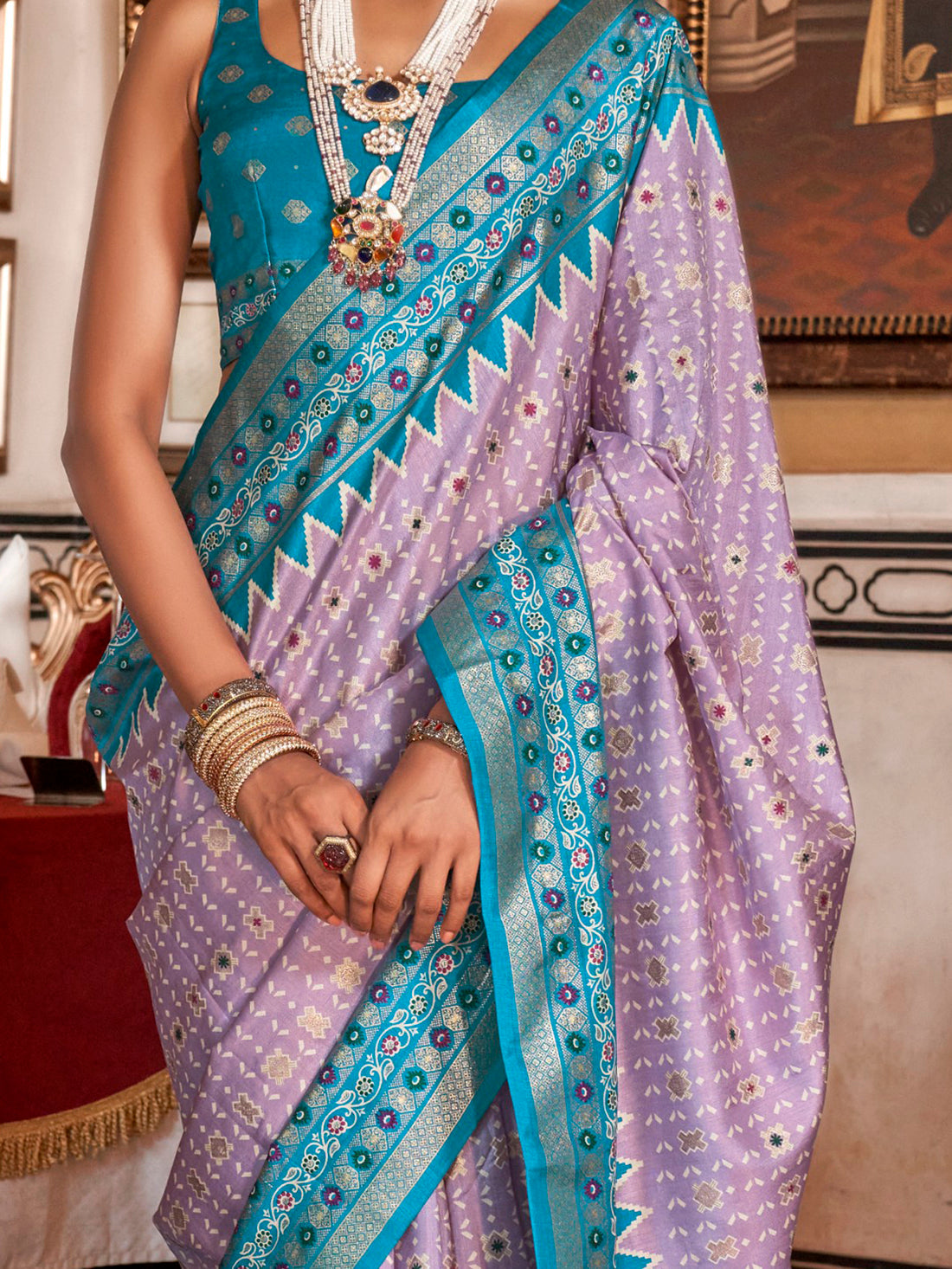Alluring Lavender Printed Silk Festival Wear Saree With Blouse