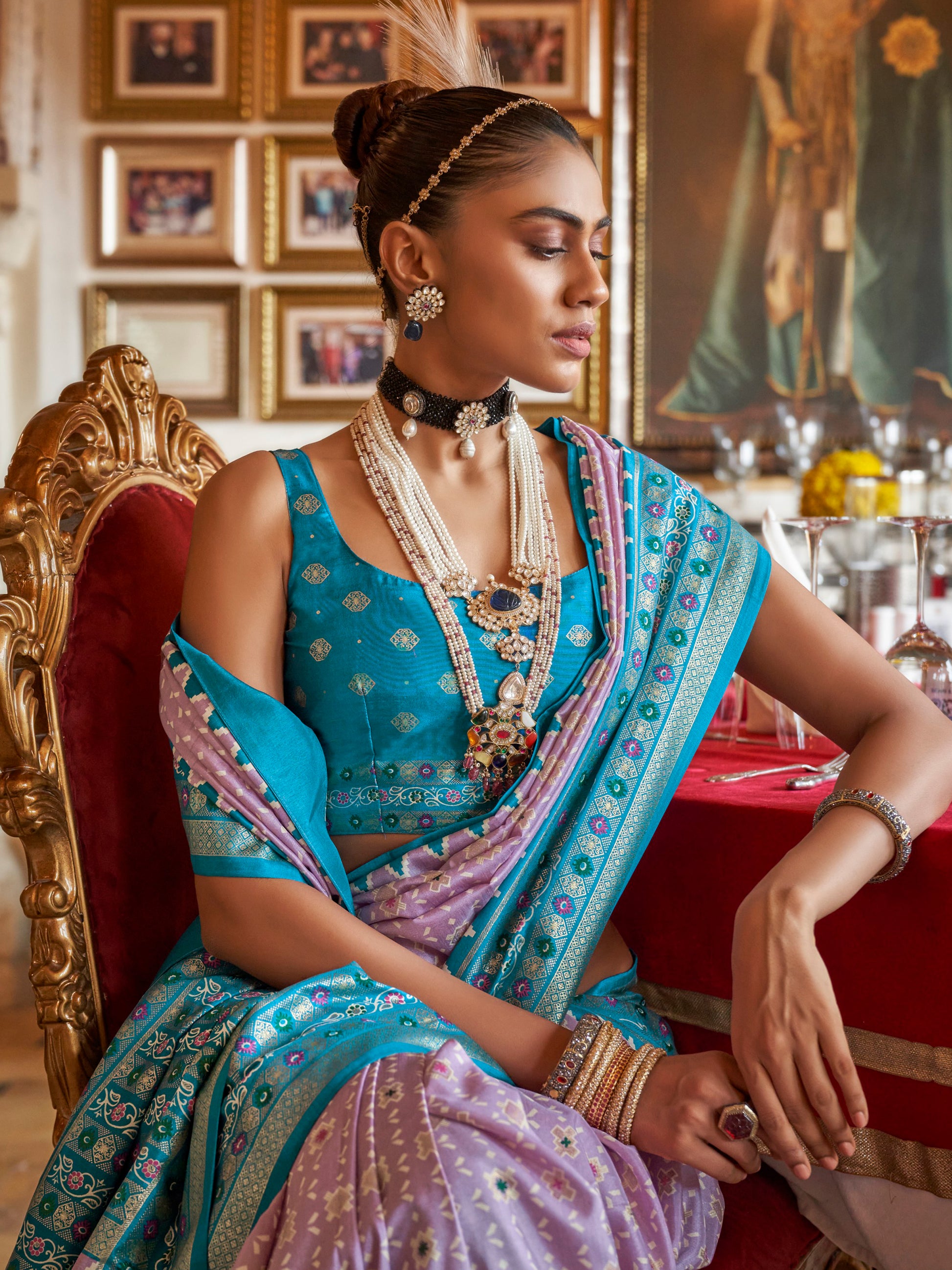 Alluring Lavender Printed Silk Festival Wear Saree With Blouse