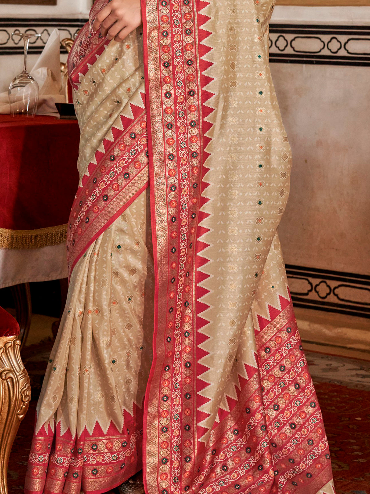 Charming Beige Printed Silk Event Wear Saree With Blouse