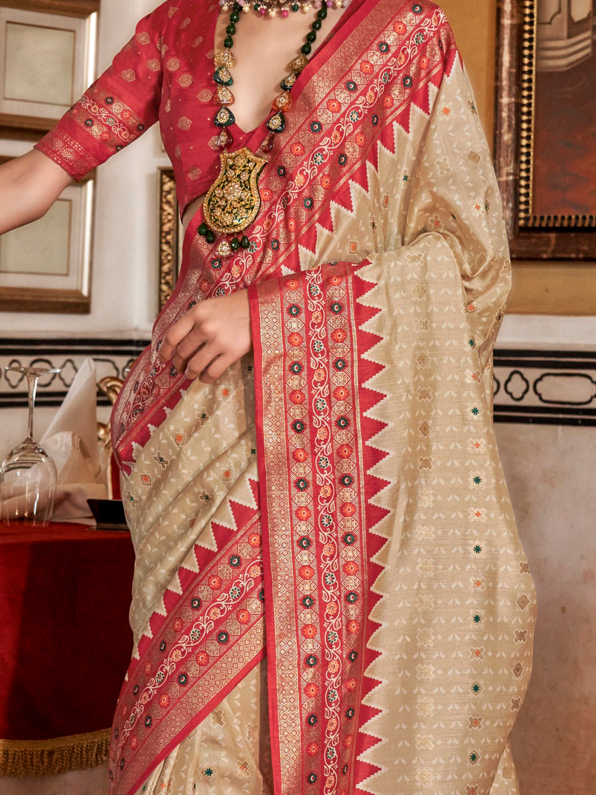 Charming Beige Printed Silk Event Wear Saree With Blouse