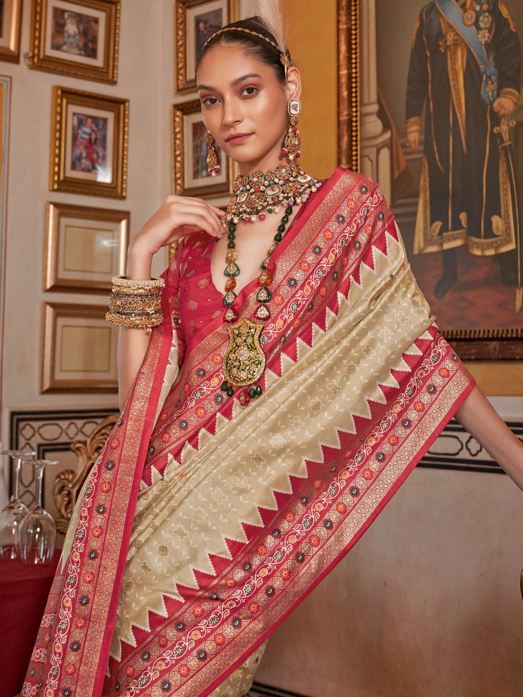Charming Beige Printed Silk Event Wear Saree With Blouse