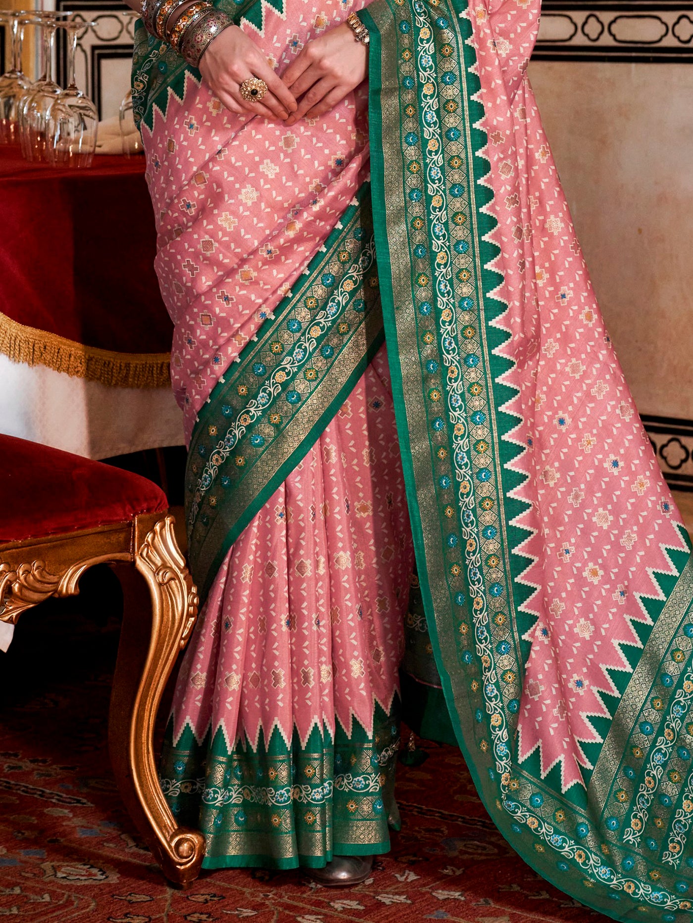 Captivating Pink Printed Silk Function Wear Saree With Blouse