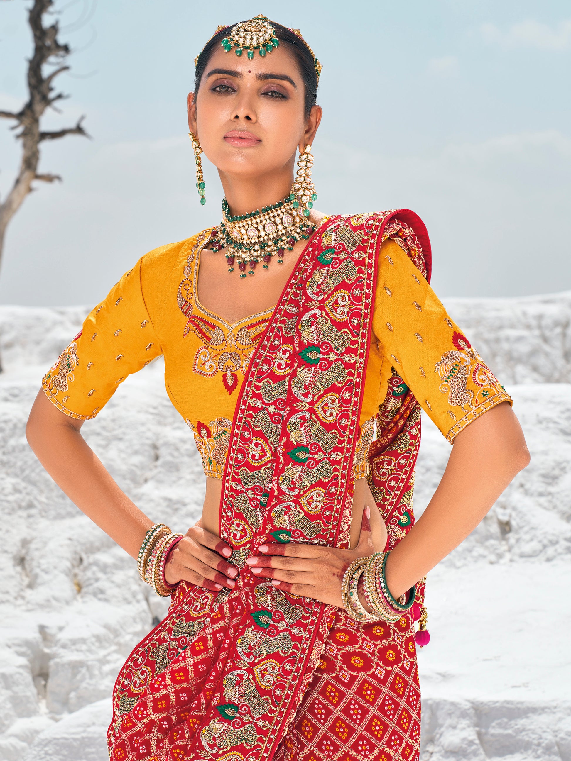 Incredible Red Bandhani Printed Georgette Wedding Saree With Blouse