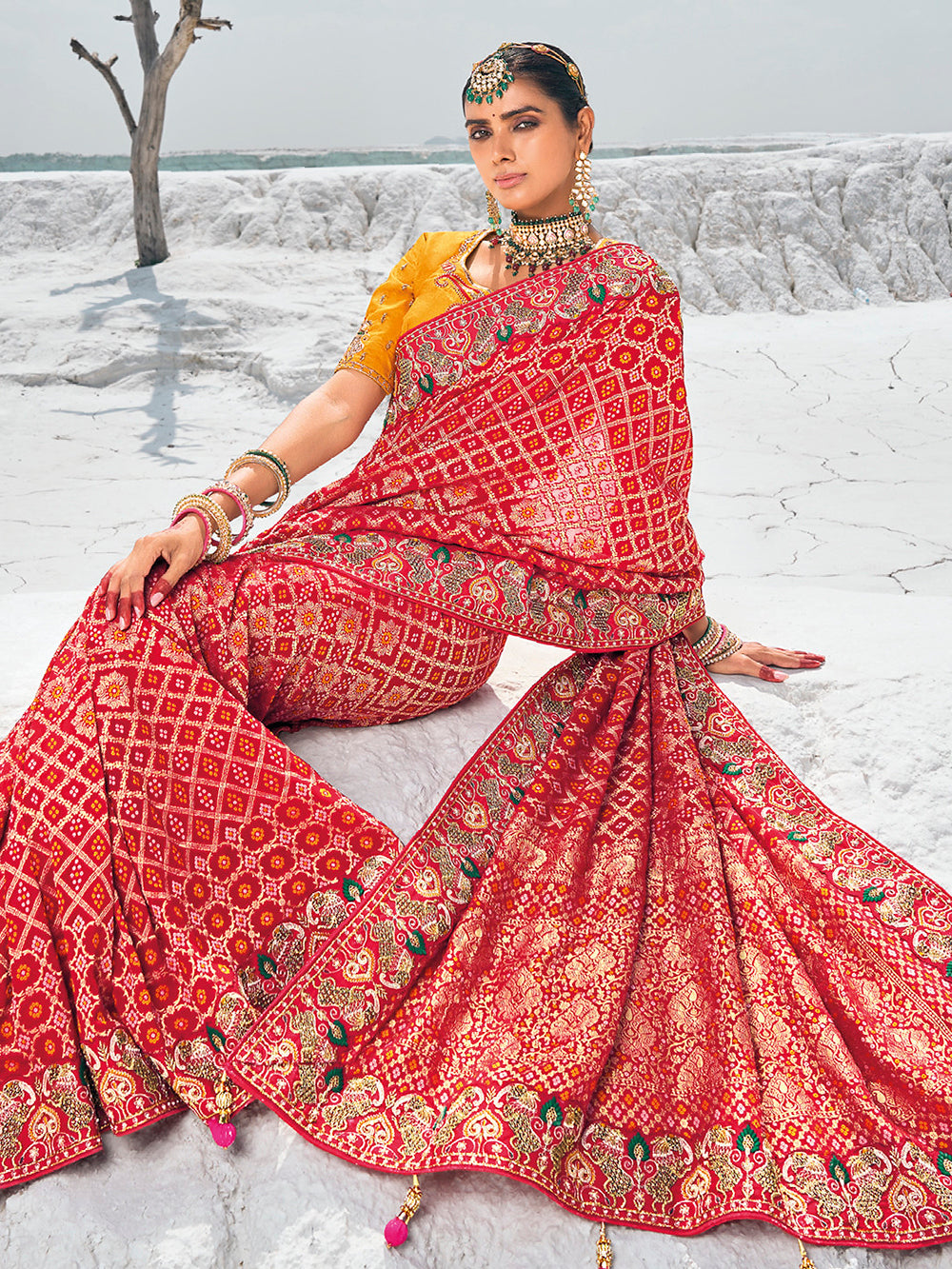 Incredible Red Bandhani Printed Georgette Wedding Saree With Blouse