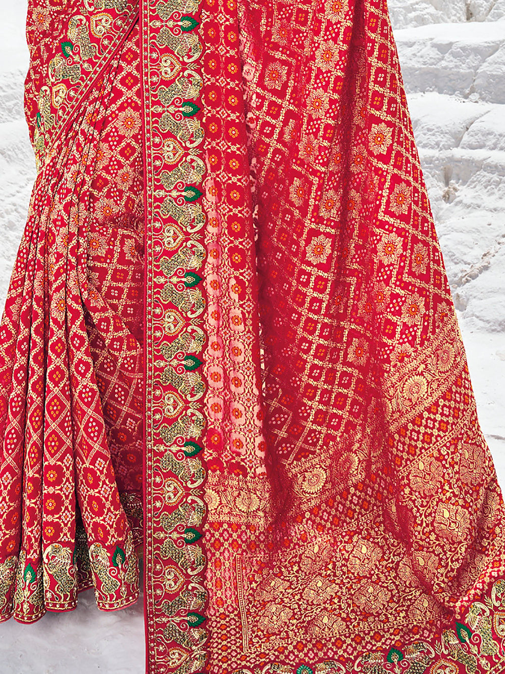 Incredible Red Bandhani Printed Georgette Wedding Saree With Blouse