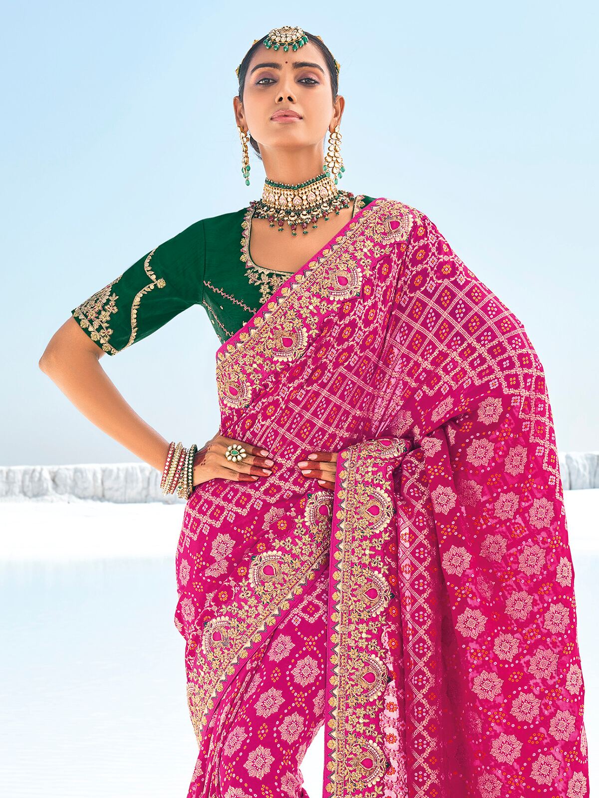 Fantastic Pink Bandhani Printed Georgette Traditional Saree With Blouse